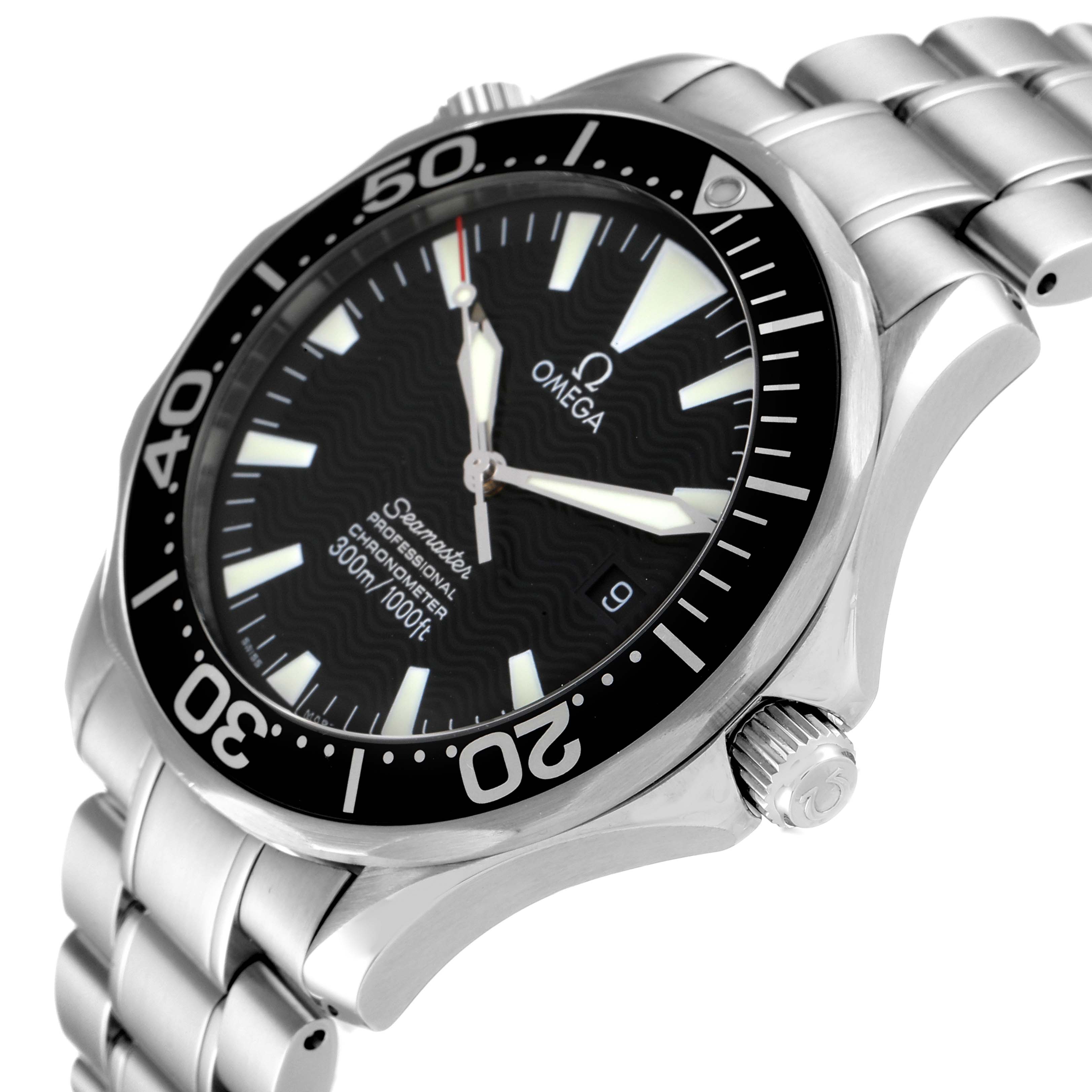 The Omega Seamaster 2254.50.00 Men's Stainless Steel Black Dial 2254.50.00 Men's Stainless Steel Black Dial watch is shown at an angled close-up, highlighting the dial, bezel, crown, and part of the bracelet.