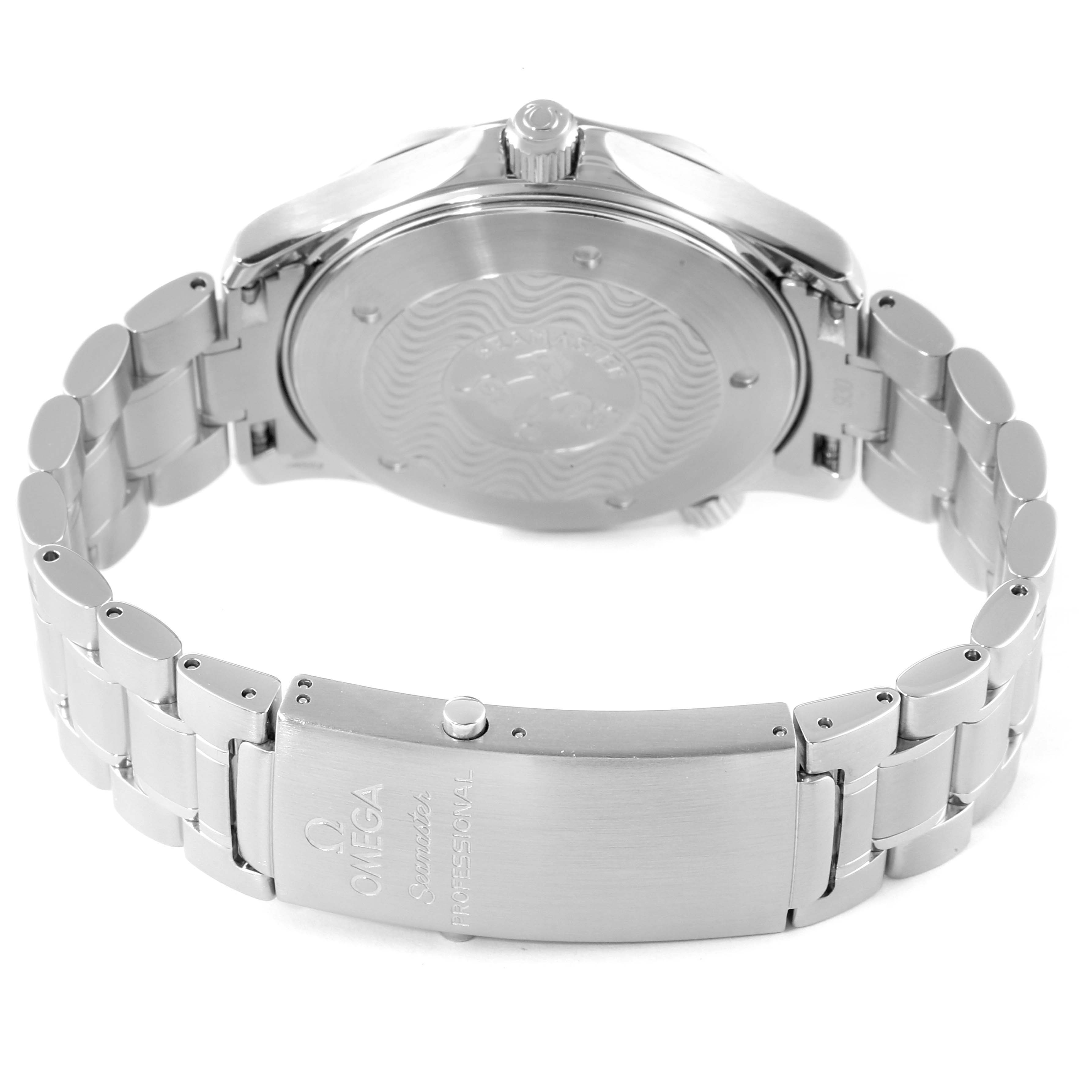 The image shows the case back and bracelet of an Omega Seamaster 2254.50.00 Men's Stainless Steel Black Dial 2254.50.00 Men's Stainless Steel Black Dial watch from a rear angle.