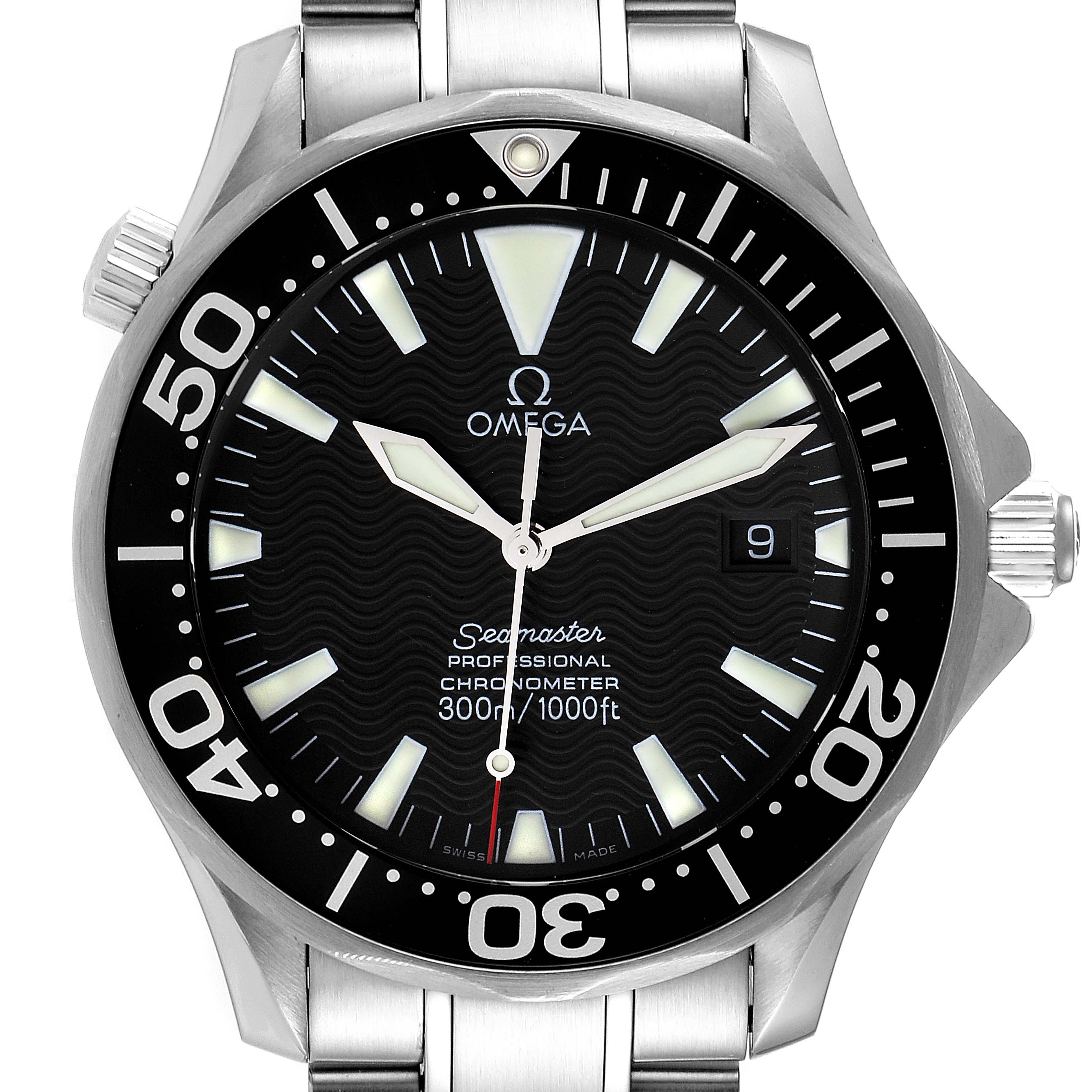 This Omega Seamaster 2254.50.00 Men's Stainless Steel Black Dial 2254.50.00 Men's Stainless Steel Black Dial watch is shown from a front angle, displaying its dial, bezel, crown, and part of the bracelet.
