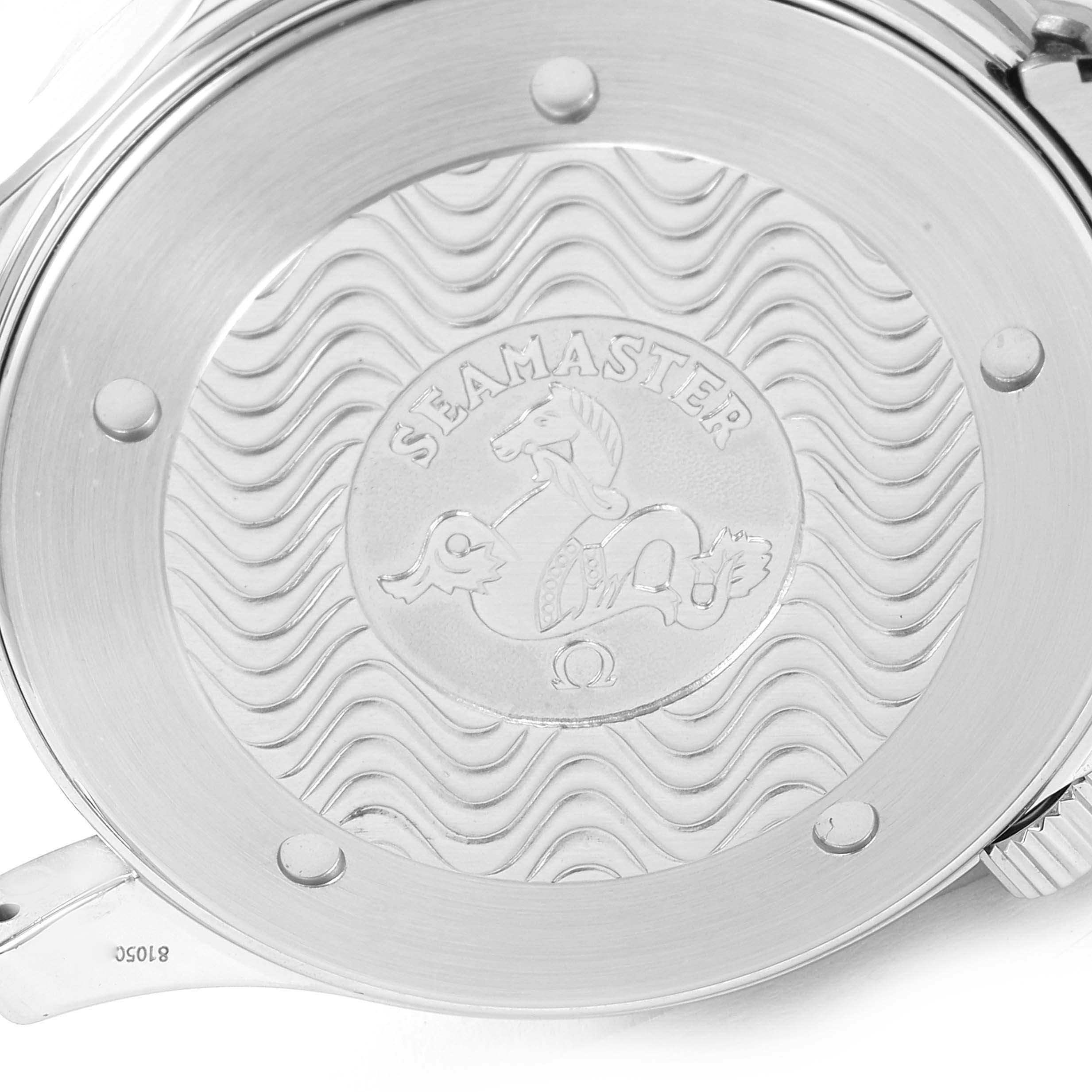 The image shows the case back of an Omega Seamaster 2254.50.00 Men's Stainless Steel Black Dial 2254.50.00 Men's Stainless Steel Black Dial watch, highlighting its engraved design and branding.