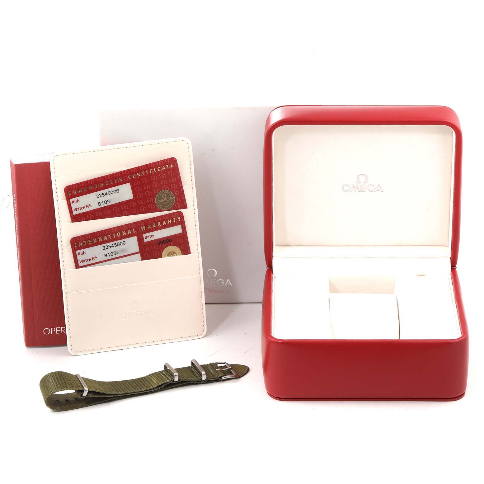 The image shows an Omega Seamaster 2254.50.00 Men's Stainless Steel Black Dial 2254.50.00 Men's Stainless Steel Black Dial watch box, warranty cards, a manual, and an additional strap, all from a front angle.