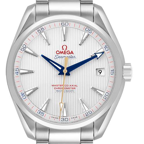 The Omega Aqua Terra 231.10.42.21.02.004 Men's Stainless Steel Silver Dial watch is shown from a front angle, displaying the dial, hands, bezel, and bracelet.