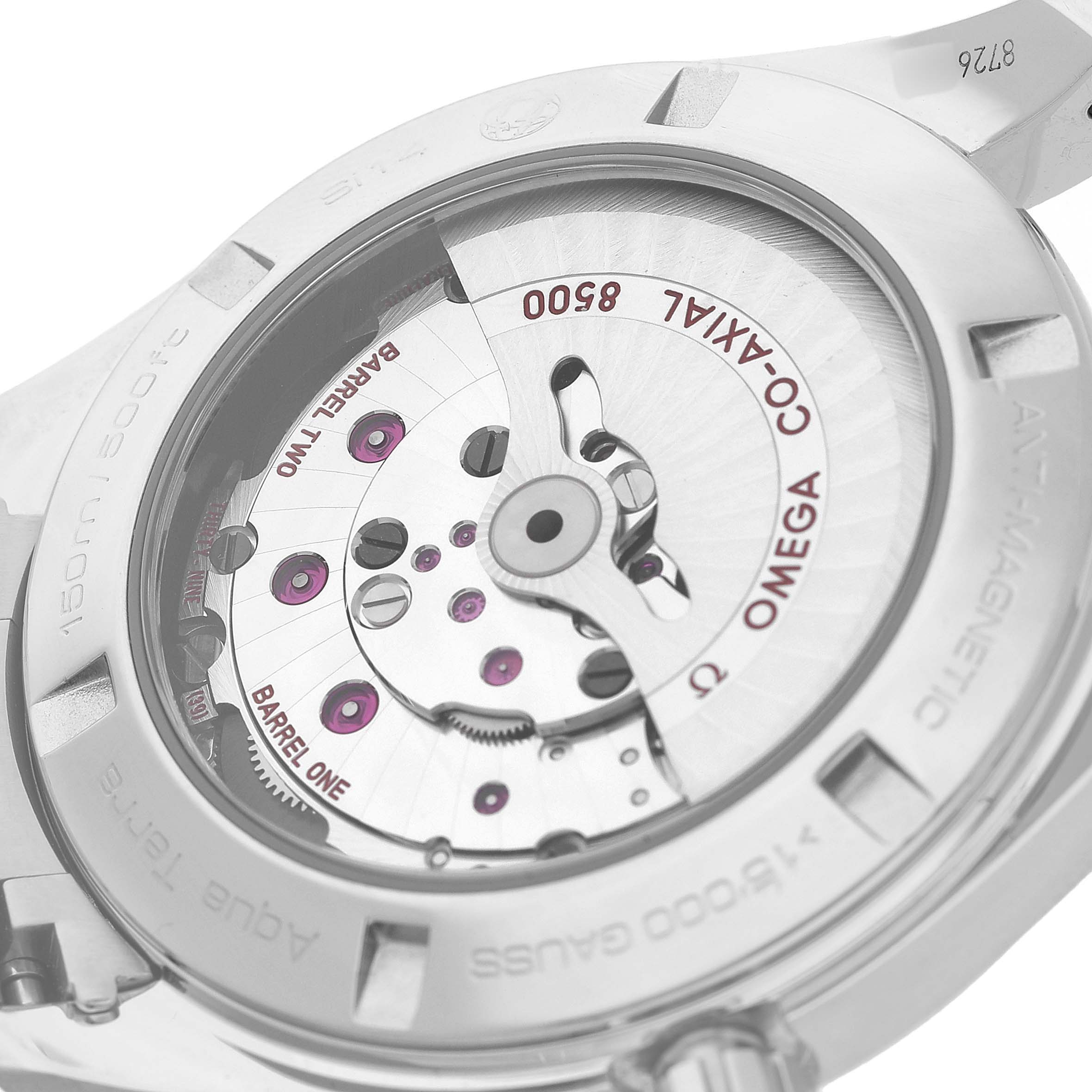The image shows the back of the Omega Aqua Terra 231.10.42.21.02.004 Men's Stainless Steel Silver Dial watch, highlighting its Co-Axial movement.