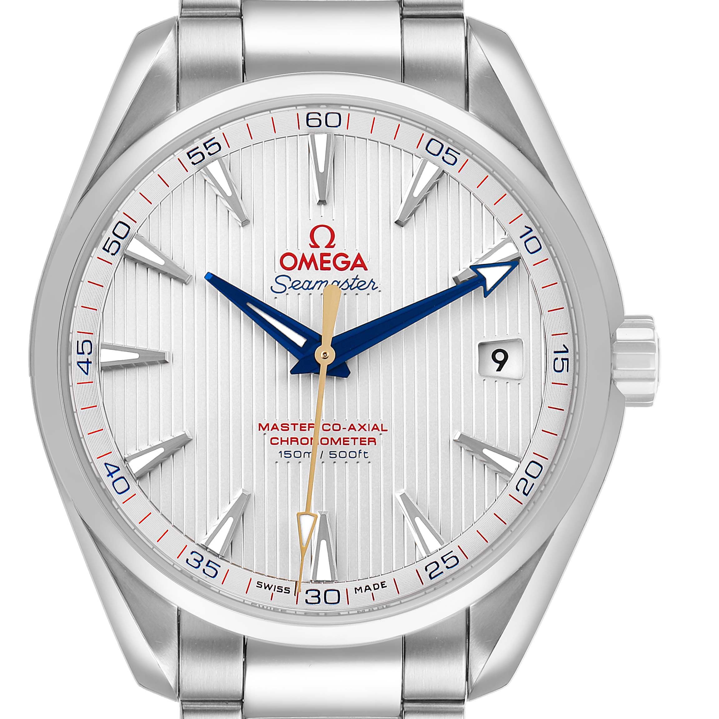 The image shows a front view of the Omega Aqua Terra 231.10.42.21.02.004 Men's Stainless Steel Silver Dial watch, featuring its dial, hands, and date window.