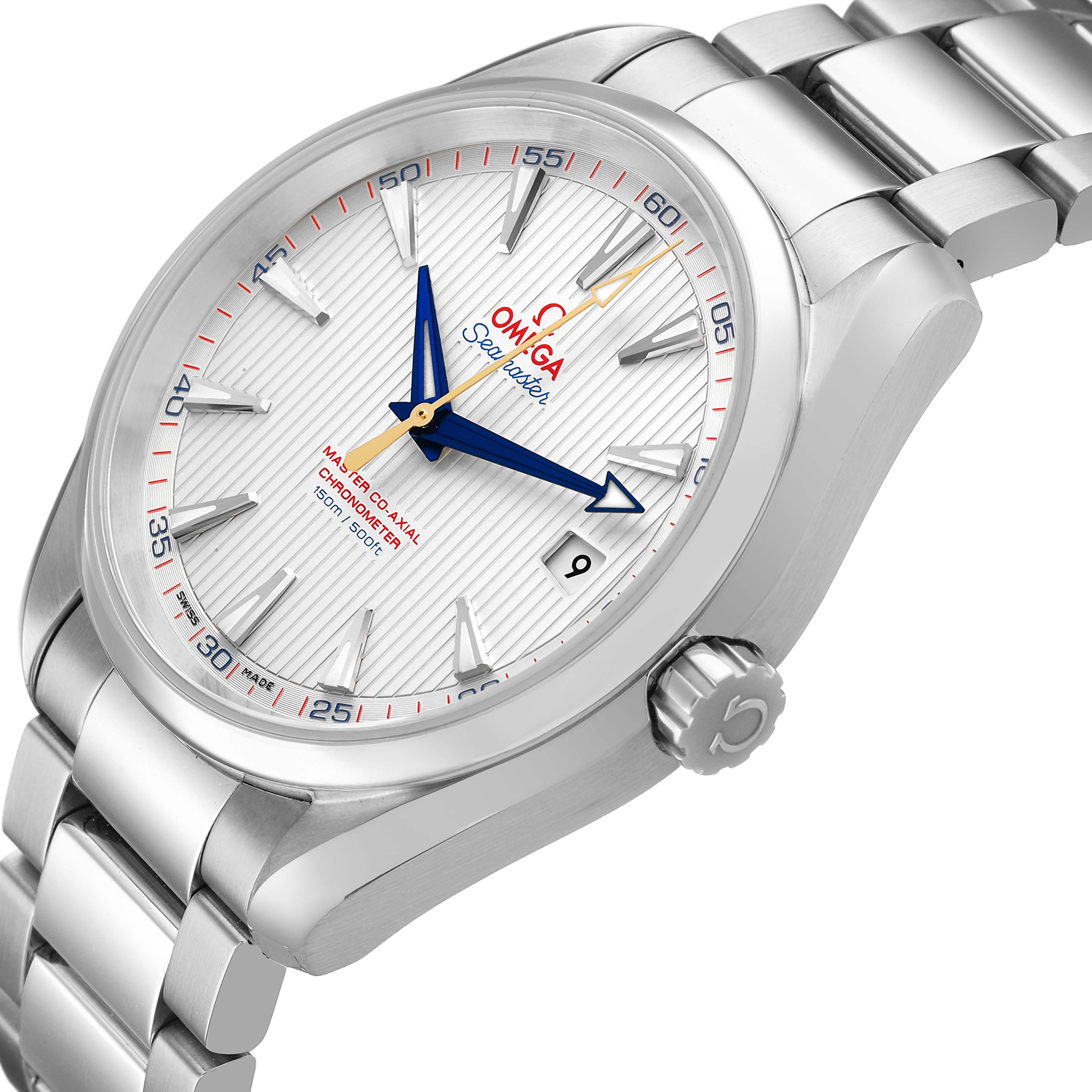 The Omega Aqua Terra 231.10.42.21.02.004 Men's Stainless Steel Silver Dial model is shown at a tilted angle, featuring the face, crown, and part of the bracelet.