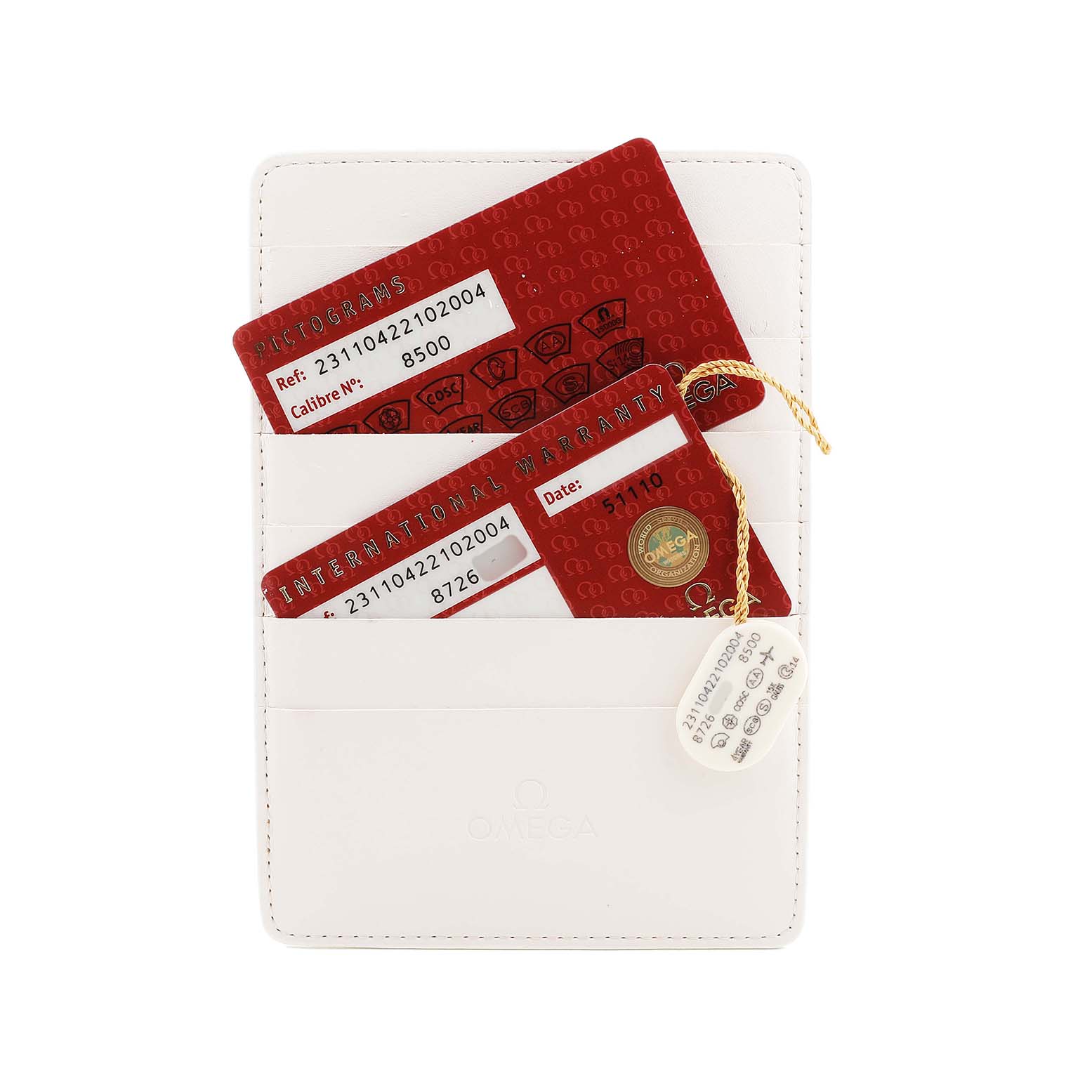 The image shows Omega Aqua Terra 231.10.42.21.02.004 Men's Stainless Steel Silver Dial model warranty and pictogram cards in a white cardholder.