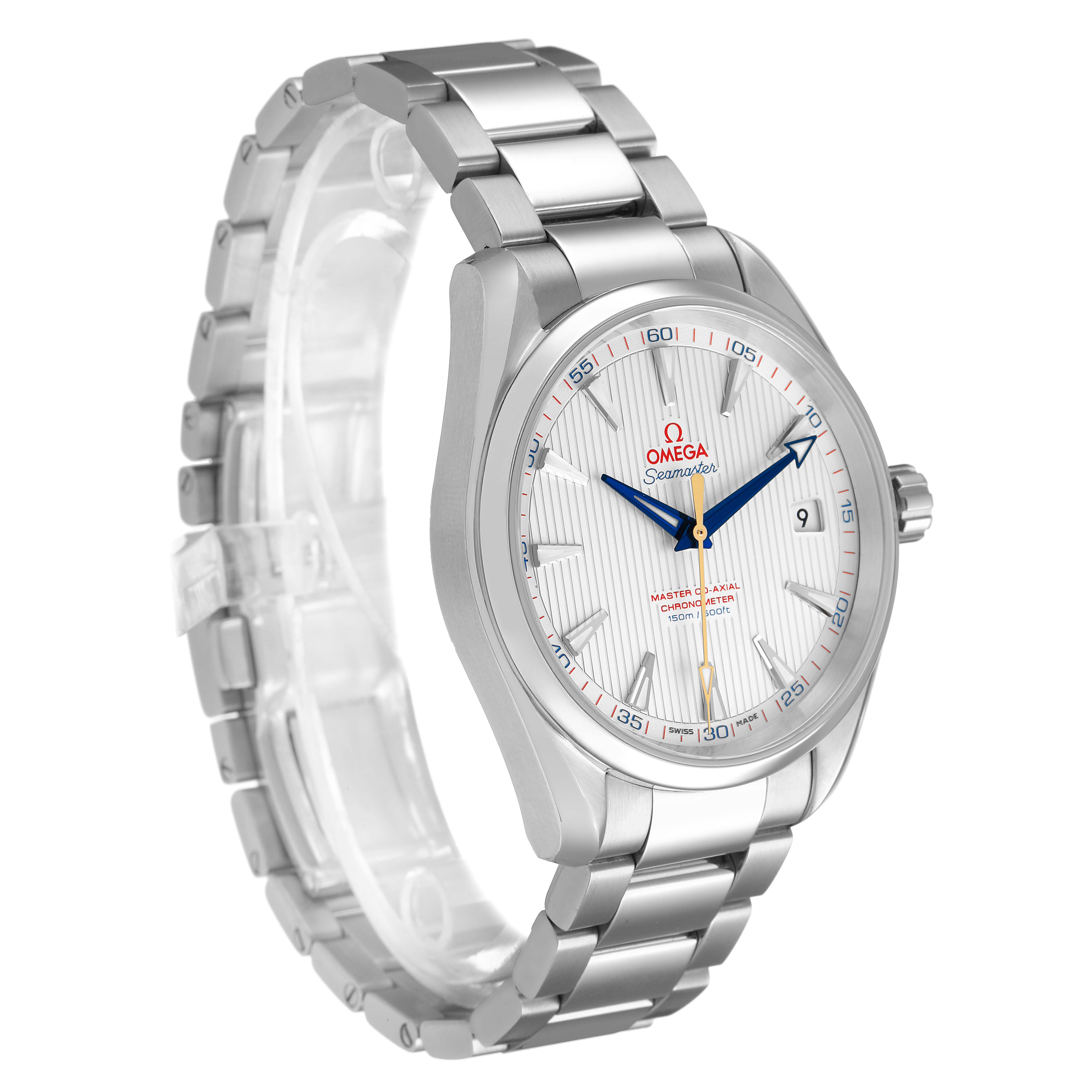 The Omega Aqua Terra 231.10.42.21.02.004 Men's Stainless Steel Silver Dial watch is shown from a front-side angle, highlighting the dial, bezel, crown, and bracelet.