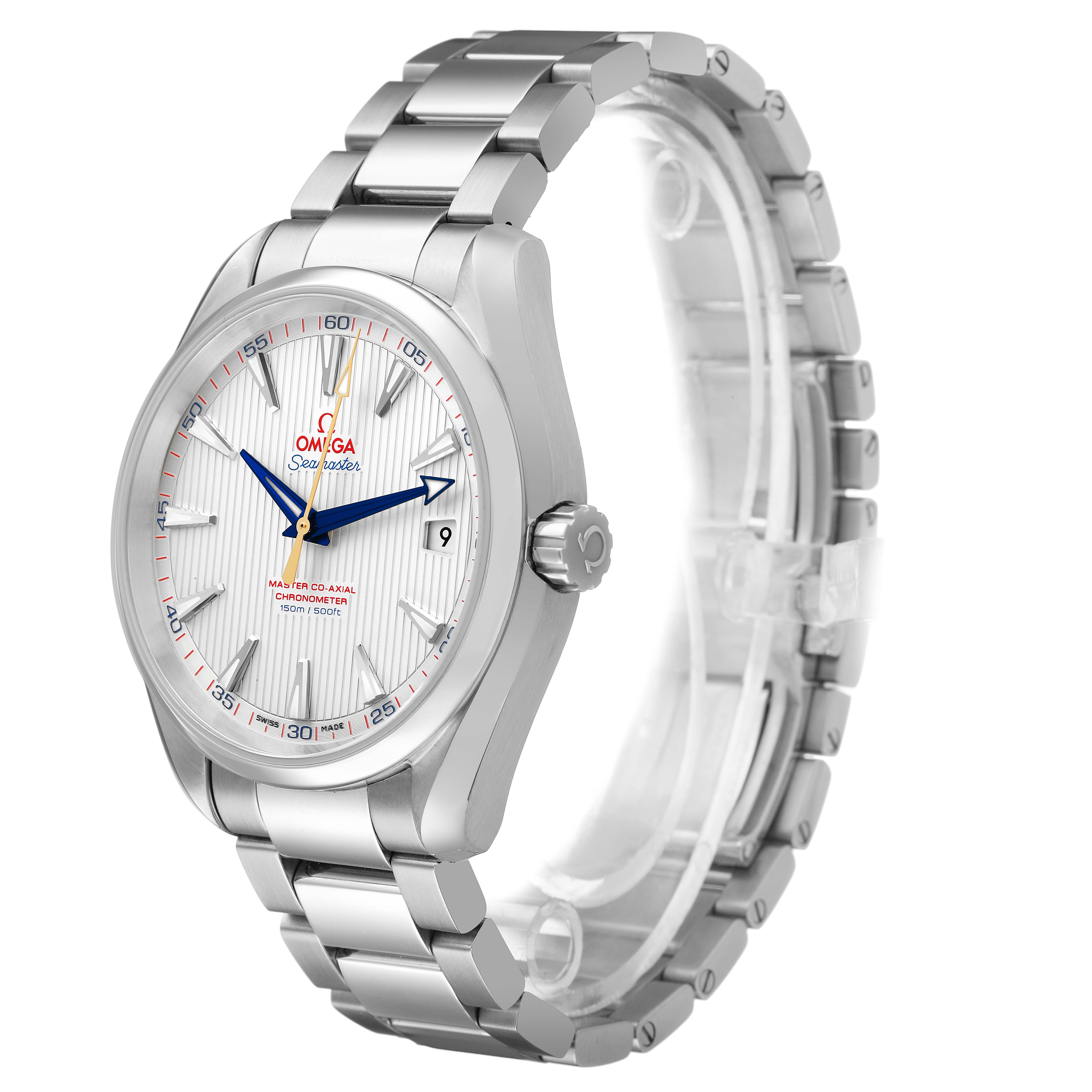 The Omega Aqua Terra 231.10.42.21.02.004 Men's Stainless Steel Silver Dial watch is shown in a three-quarter view highlighting the face, bezel, crown, and bracelet.