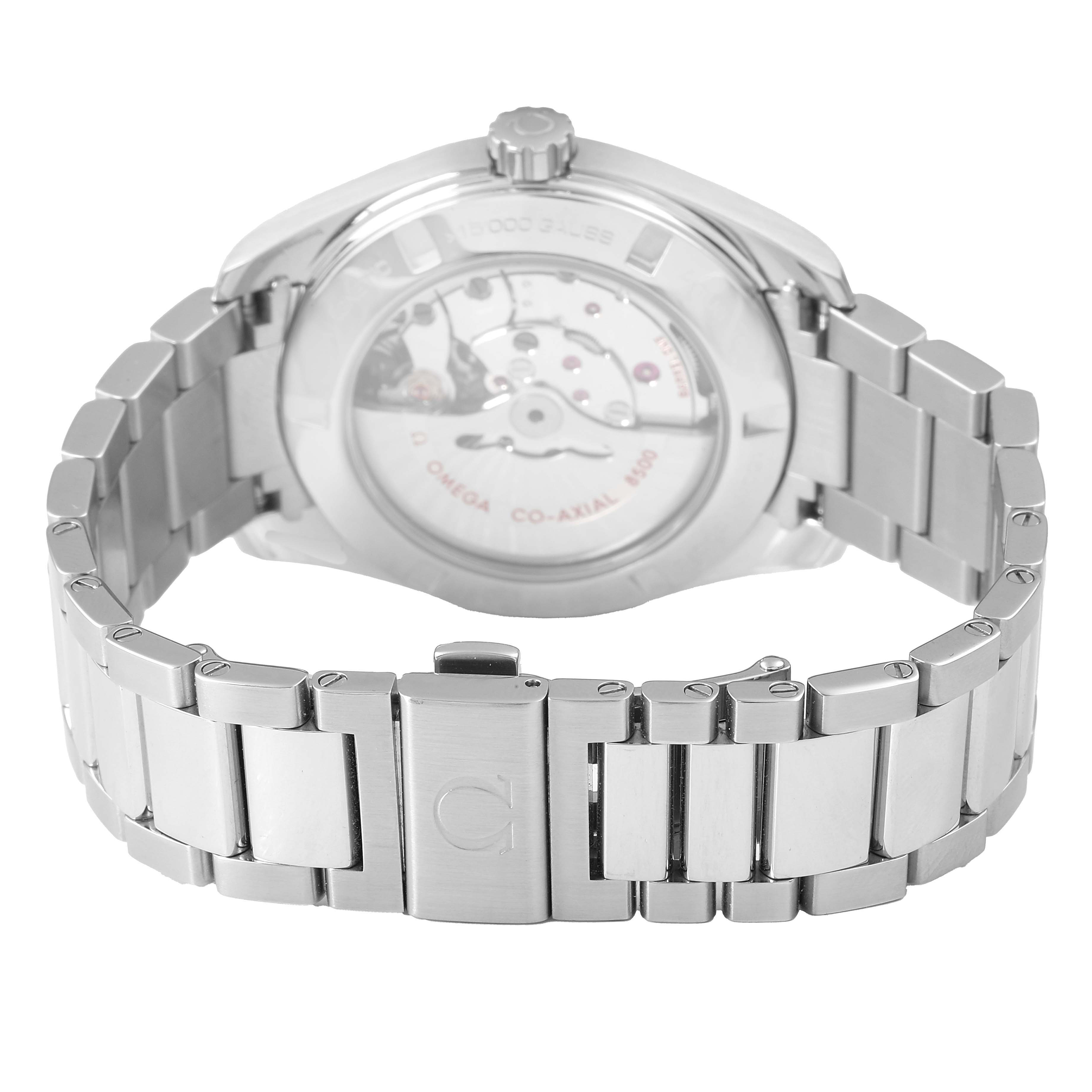 The Omega Aqua Terra 231.10.42.21.02.004 Men's Stainless Steel Silver Dial watch is shown from the back, highlighting the case back and stainless steel bracelet with the clasp visible.