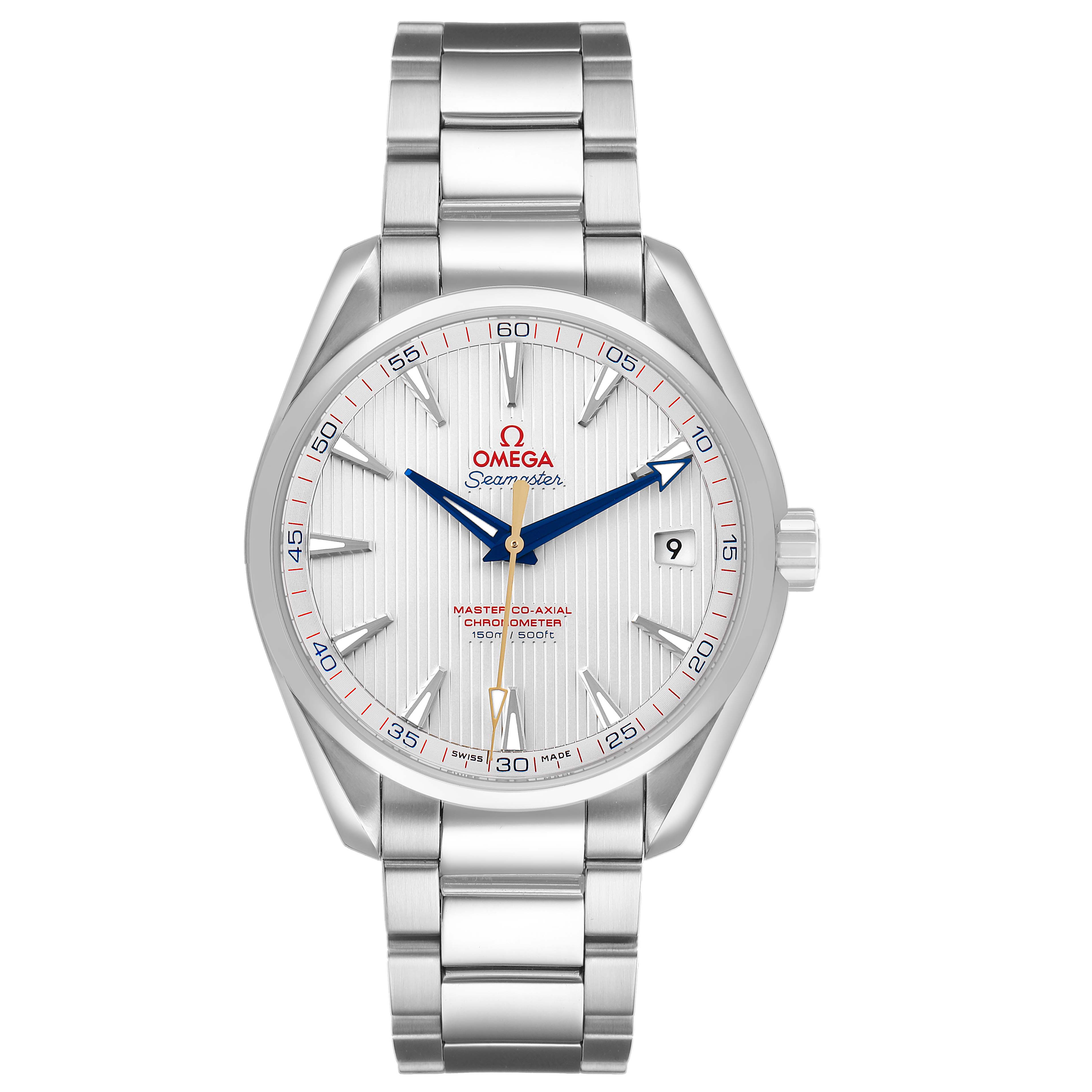 The Omega Aqua Terra 231.10.42.21.02.004 Men's Stainless Steel Silver Dial watch is shown from a front angle, displaying its dial, hands, bracelet, and date feature.