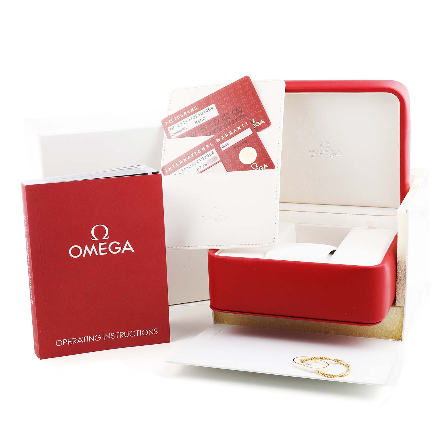 The image shows the packaging and accessories for the Omega Aqua Terra 231.10.42.21.02.004 Men's Stainless Steel Silver Dial, including the box, warranty cards, and instruction manual.