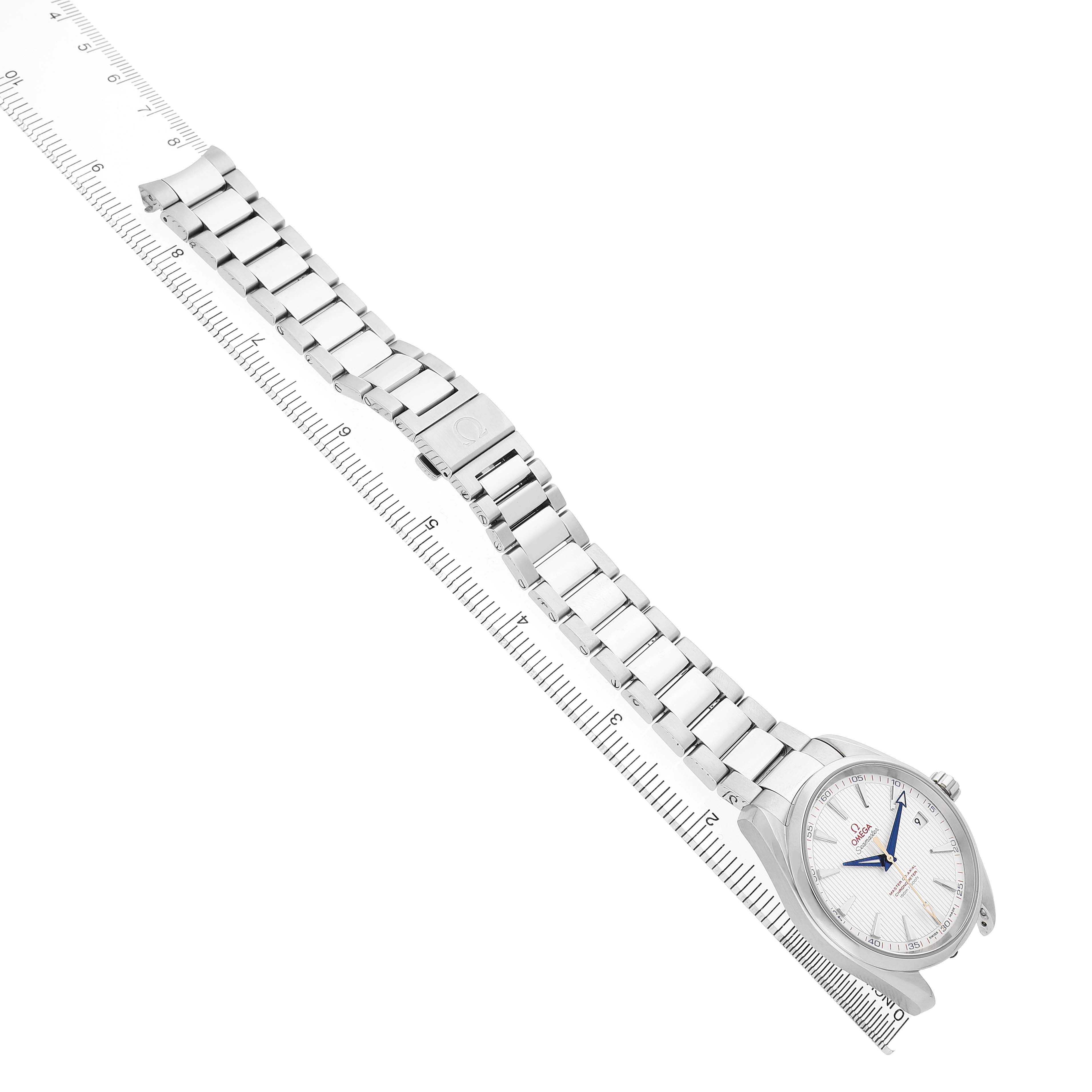 The Omega Aqua Terra 231.10.42.21.02.004 Men's Stainless Steel Silver Dial watch is shown at a diagonal angle, highlighting the face, bracelet, and clasp, with a ruler for scale.