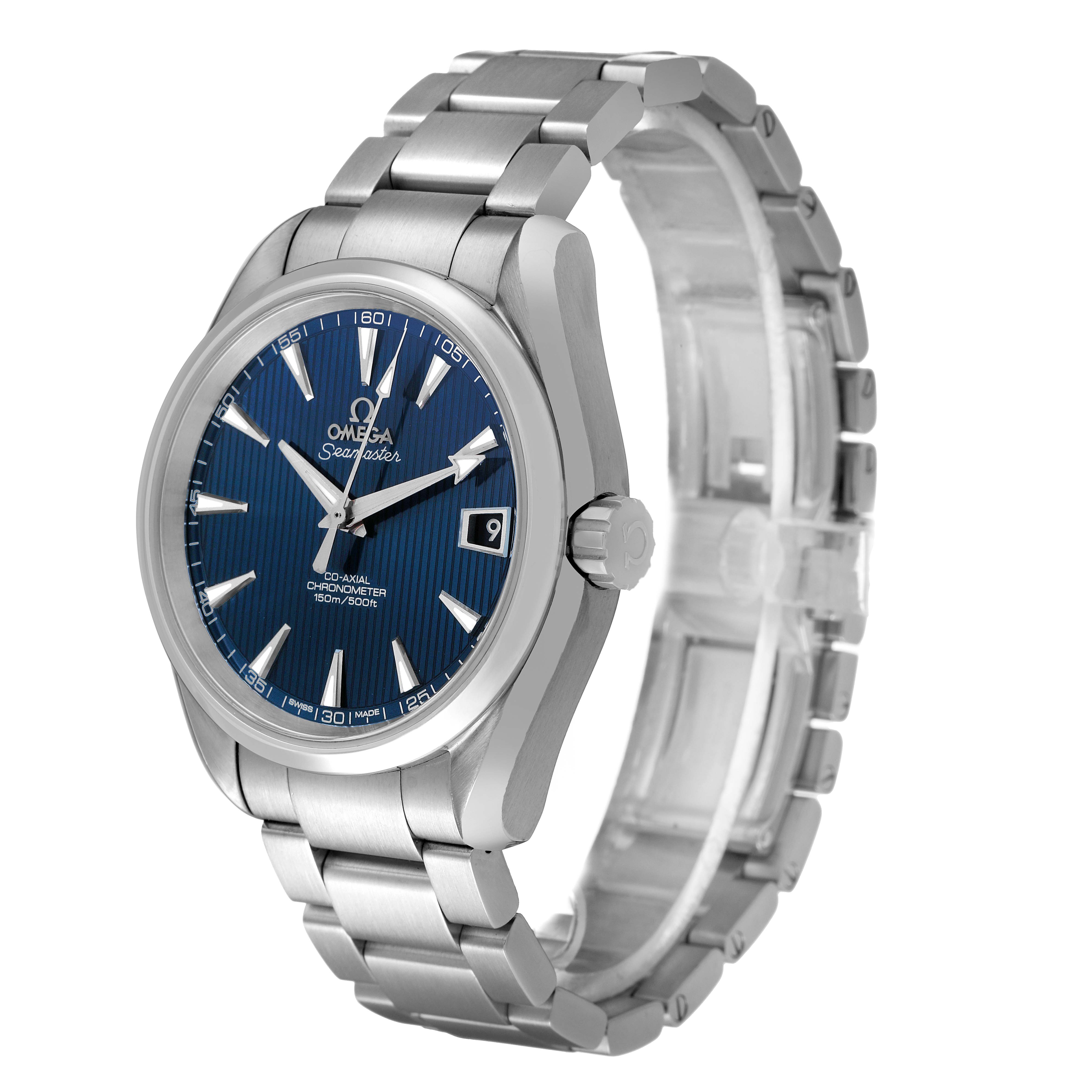 The Omega Aqua Terra 231.10.39.21.03.001 Men's Stainless Steel Blue Dial watch is shown at a three-quarter angle, highlighting its blue dial, steel bracelet, and crown.