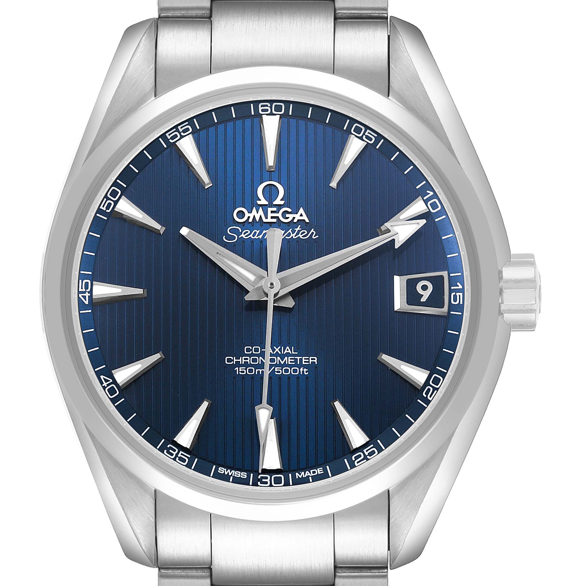 The Omega Aqua Terra 231.10.39.21.03.001 Men's Stainless Steel Blue Dial watch is shown from the front, displaying the face, bezel, and part of the bracelet.