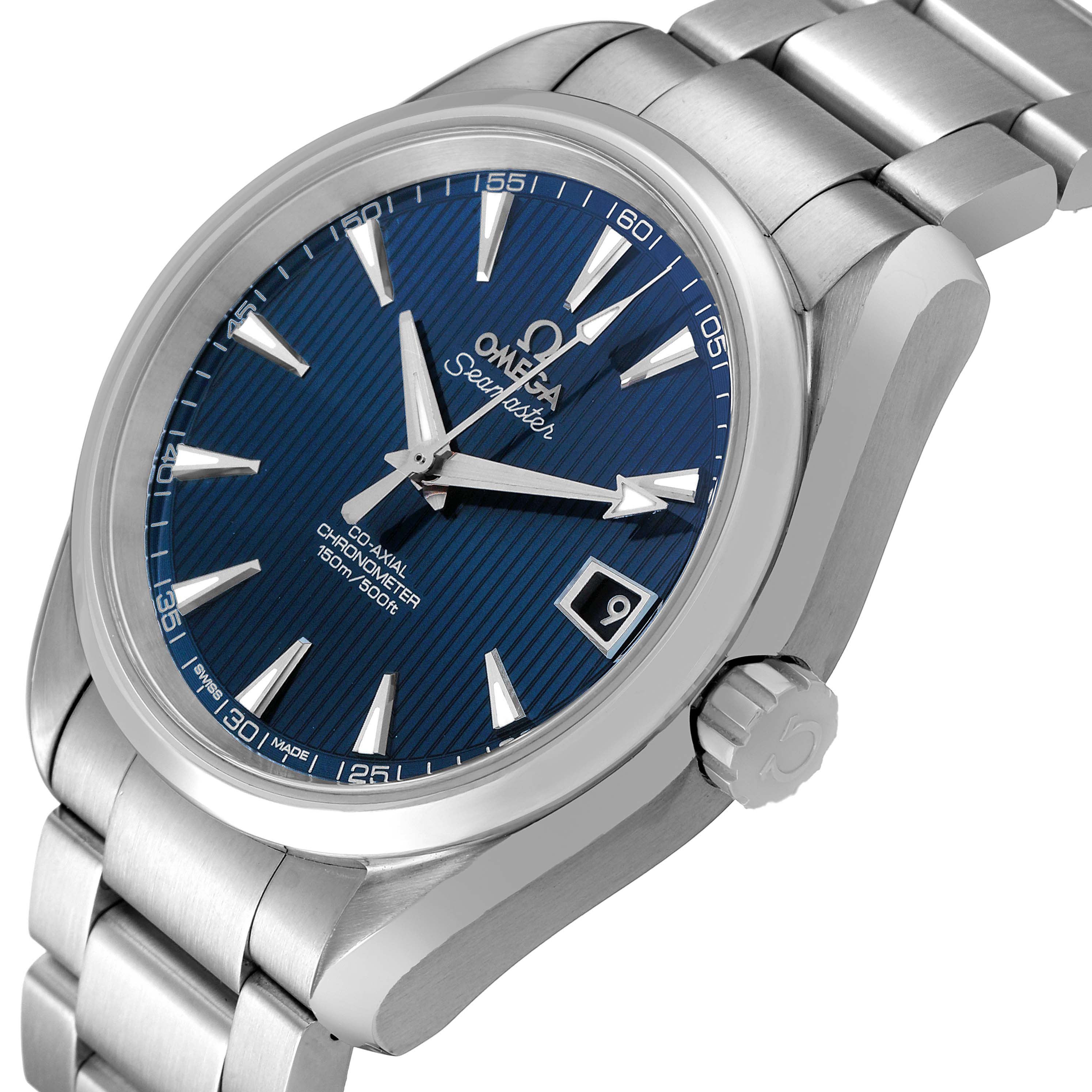 The Omega Aqua Terra 231.10.39.21.03.001 Men's Stainless Steel Blue Dial watch is shown at a three-quarter angle, highlighting the case, band, blue dial, and date display.