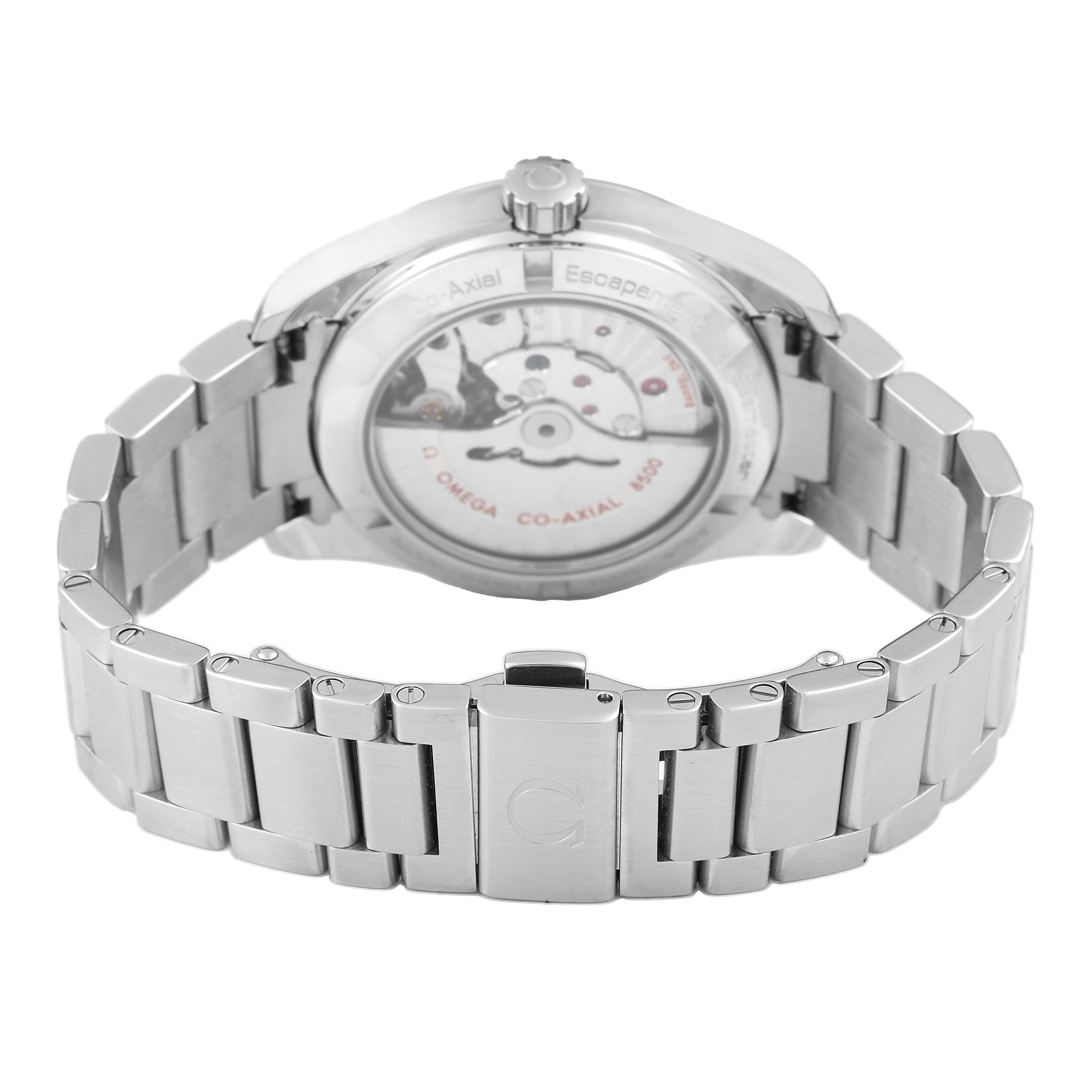 The Omega Aqua Terra 231.10.39.21.03.001 Men's Stainless Steel Blue Dial watch is shown from the back, displaying its movement and stainless steel bracelet.