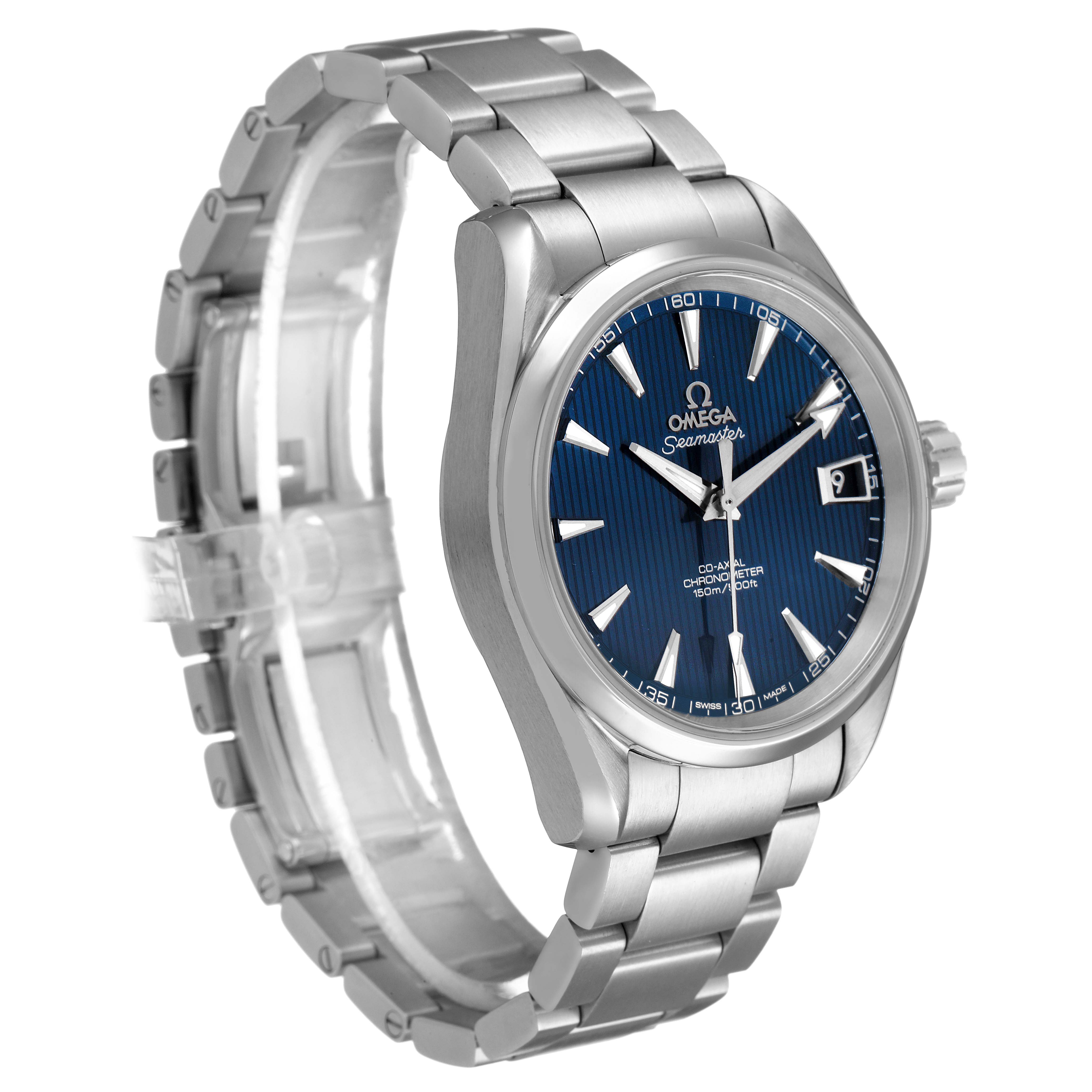 The Omega Aqua Terra 231.10.39.21.03.001 Men's Stainless Steel Blue Dial watch is shown at a three-quarter angle, highlighting the blue dial, bracelet, and date window.