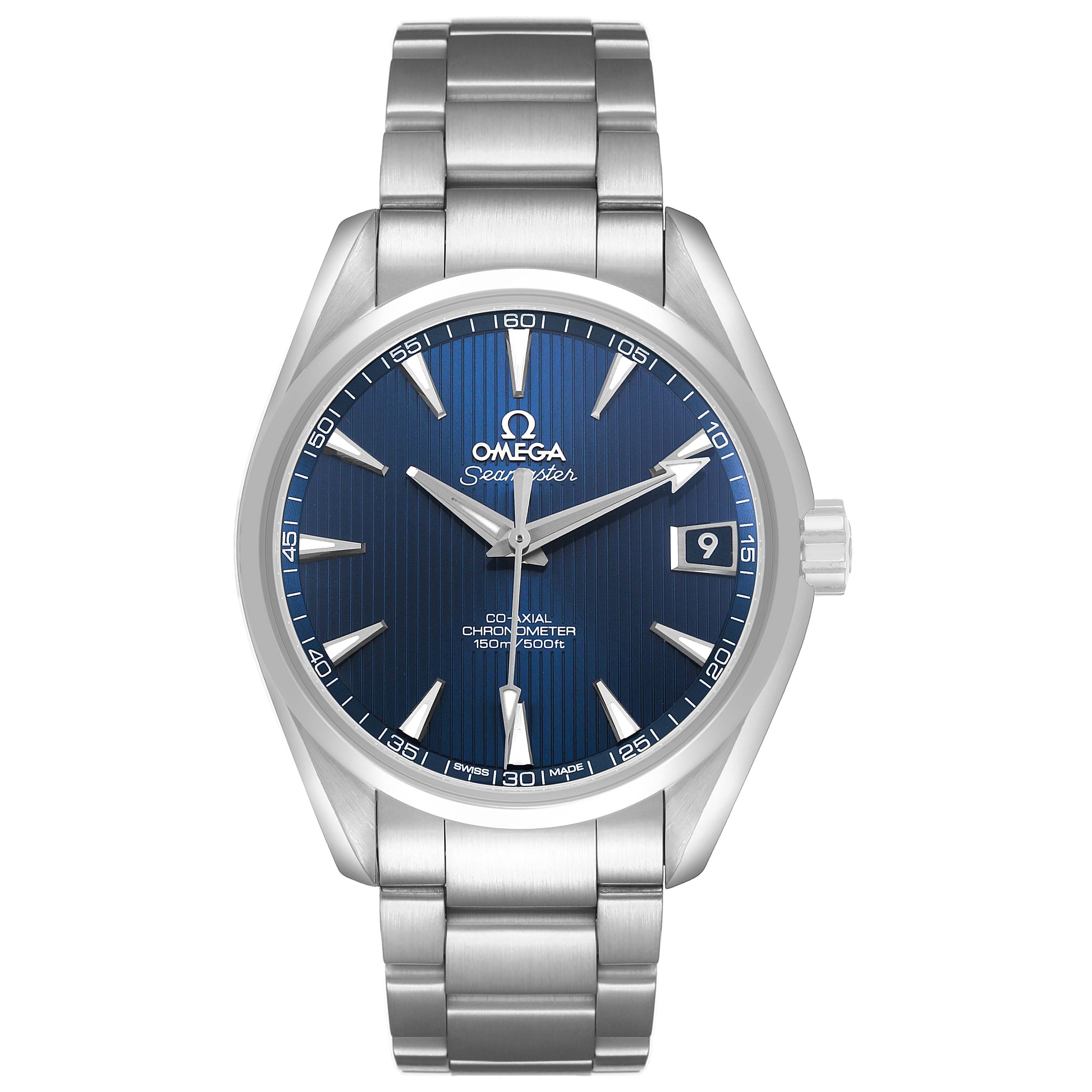The image shows a front view of the Omega Aqua Terra 231.10.39.21.03.001 Men's Stainless Steel Blue Dial watch, displaying the dial, bezel, case, and metal bracelet.