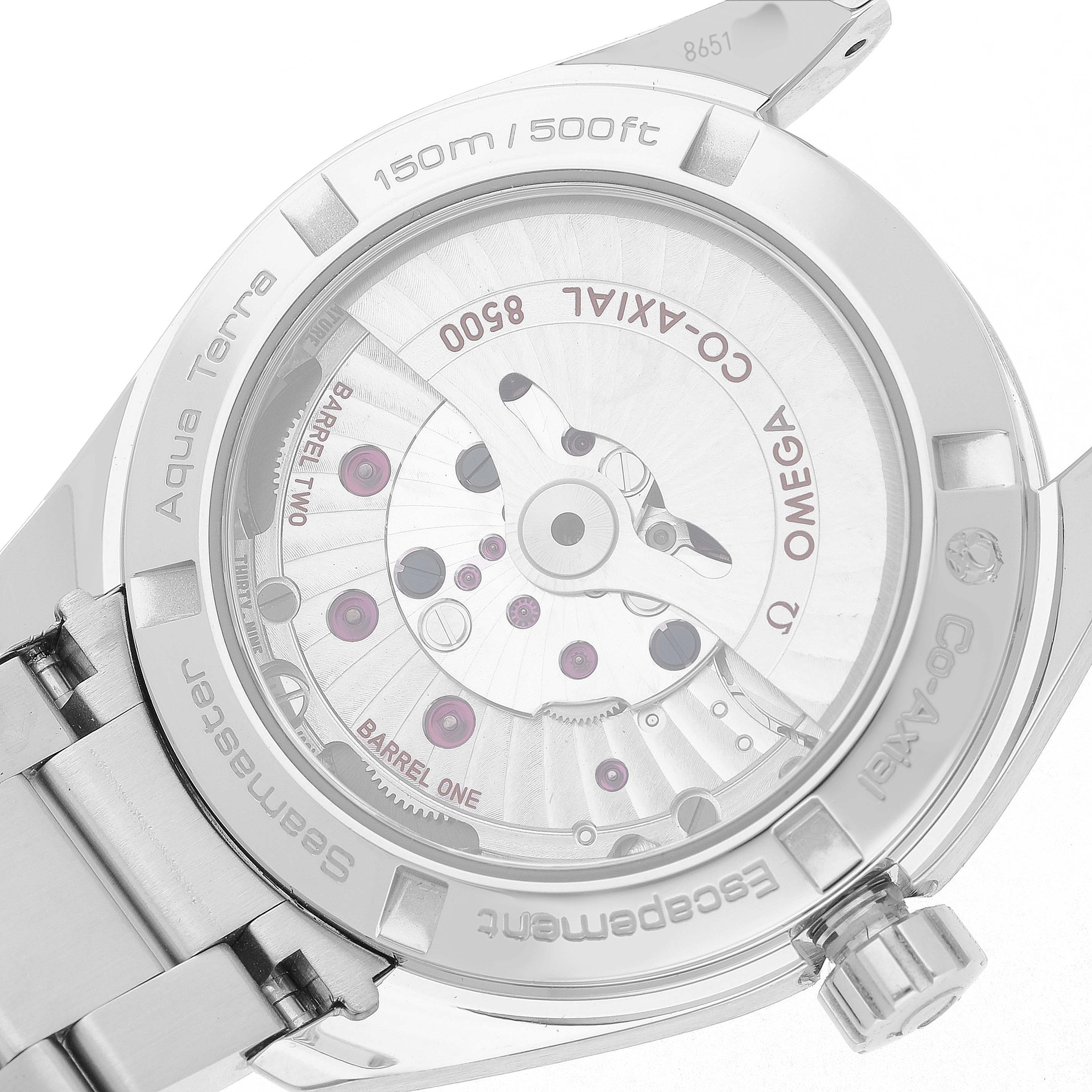 The image shows the back of the Omega Aqua Terra 231.10.39.21.03.001 Men's Stainless Steel Blue Dial watch, highlighting the movement and transparent case back.