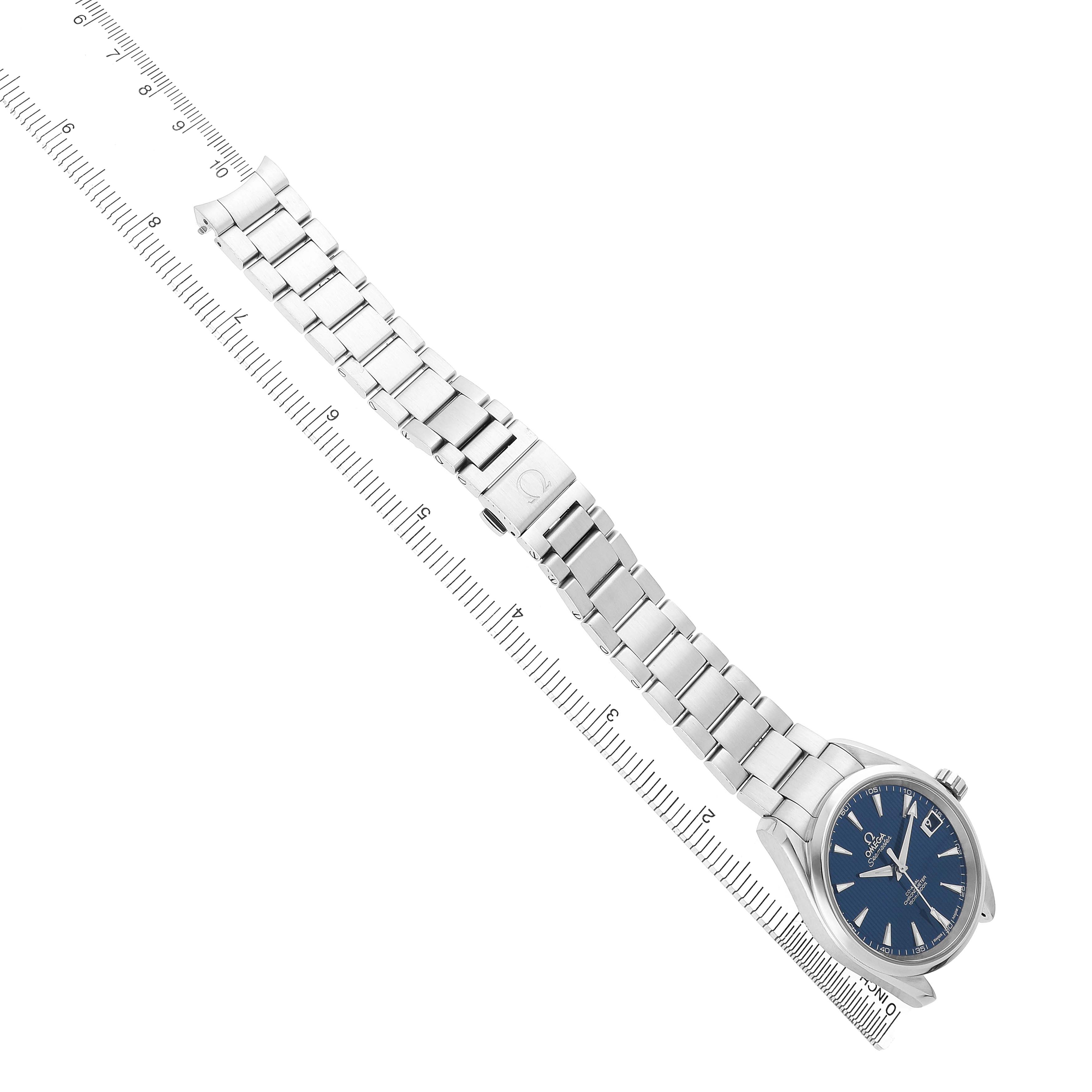 The Omega Aqua Terra 231.10.39.21.03.001 Men's Stainless Steel Blue Dial watch is shown diagonally with its bracelet laid out and the face visible.
