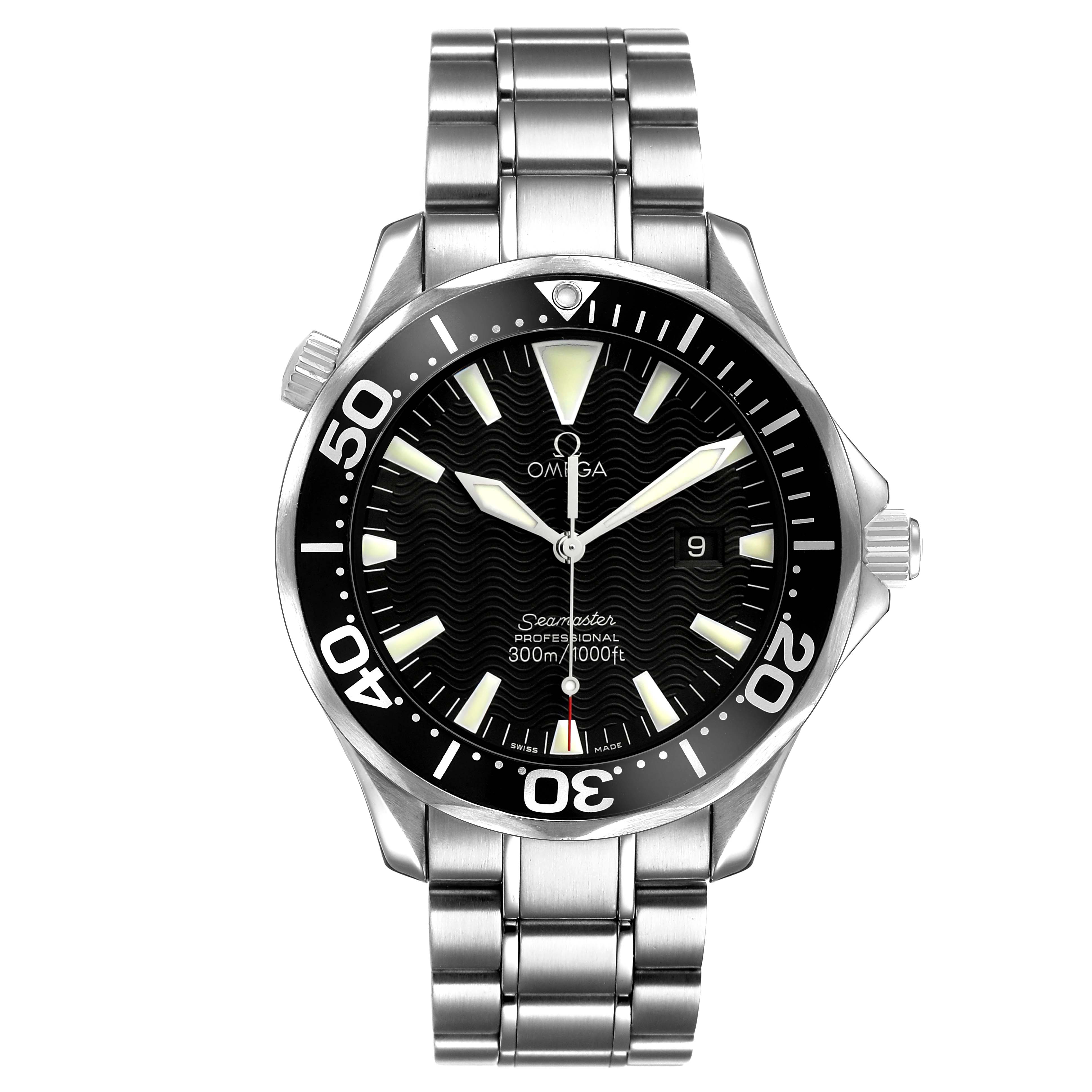 The Omega Seamaster 2264.50.00 Men's Stainless Steel Black Dial watch is shown from the front, displaying its dial, bezel, bracelet, and crown.