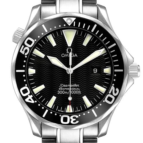 The Omega Seamaster 2264.50.00 Men's Stainless Steel Black Dial watch is shown from the front angle, displaying its dial, bezel, and partial bracelet.
