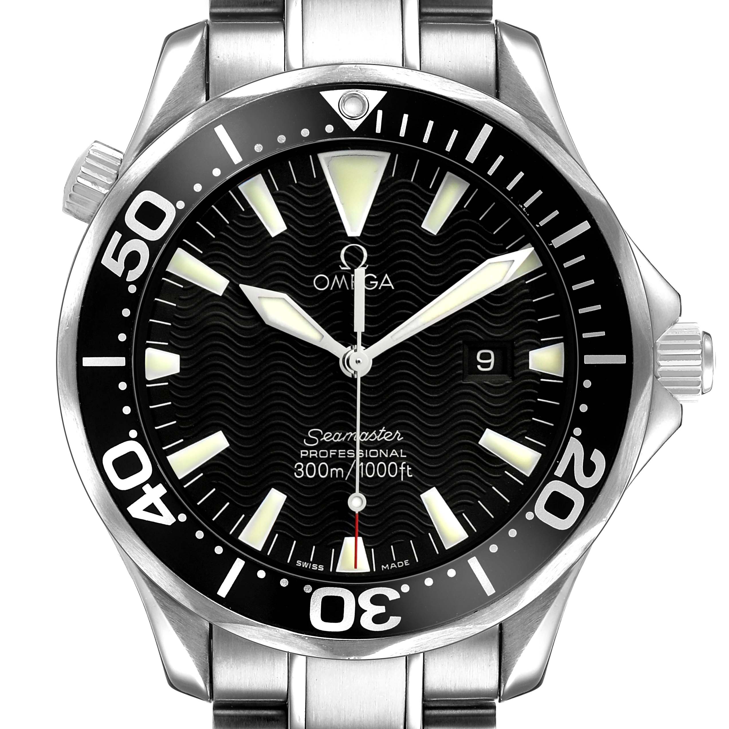 The image shows a frontal view of the Omega Seamaster 2264.50.00 Men's Stainless Steel Black Dial with its dial, bezel, crown, and part of the bracelet visible.