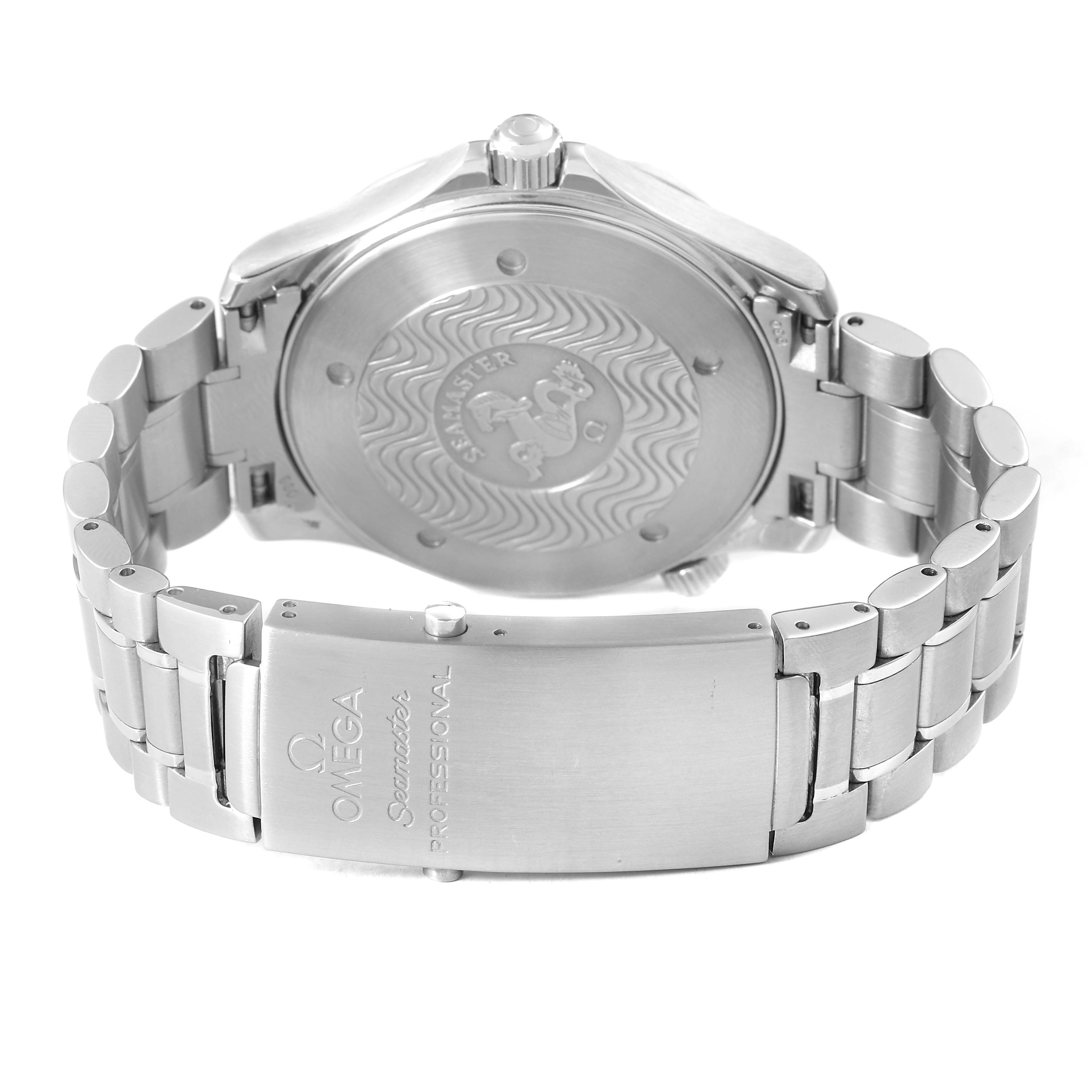 The image shows the back and clasp of an Omega Seamaster 2264.50.00 Men's Stainless Steel Black Dial watch, focusing on the engraved case back and bracelet.