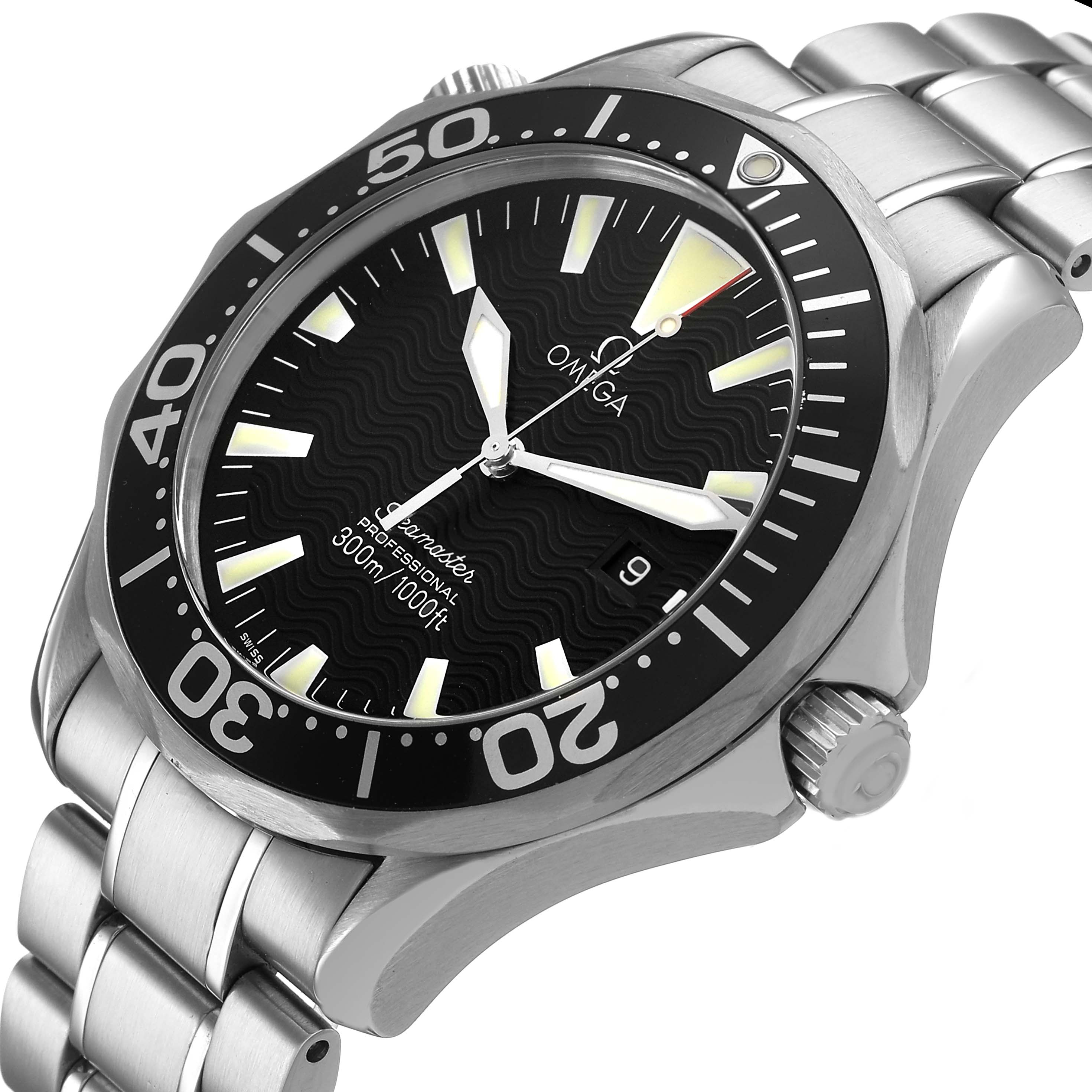 The Omega Seamaster 2264.50.00 Men's Stainless Steel Black Dial watch is shown at a slight angle, highlighting the face, bezel, and stainless steel bracelet.