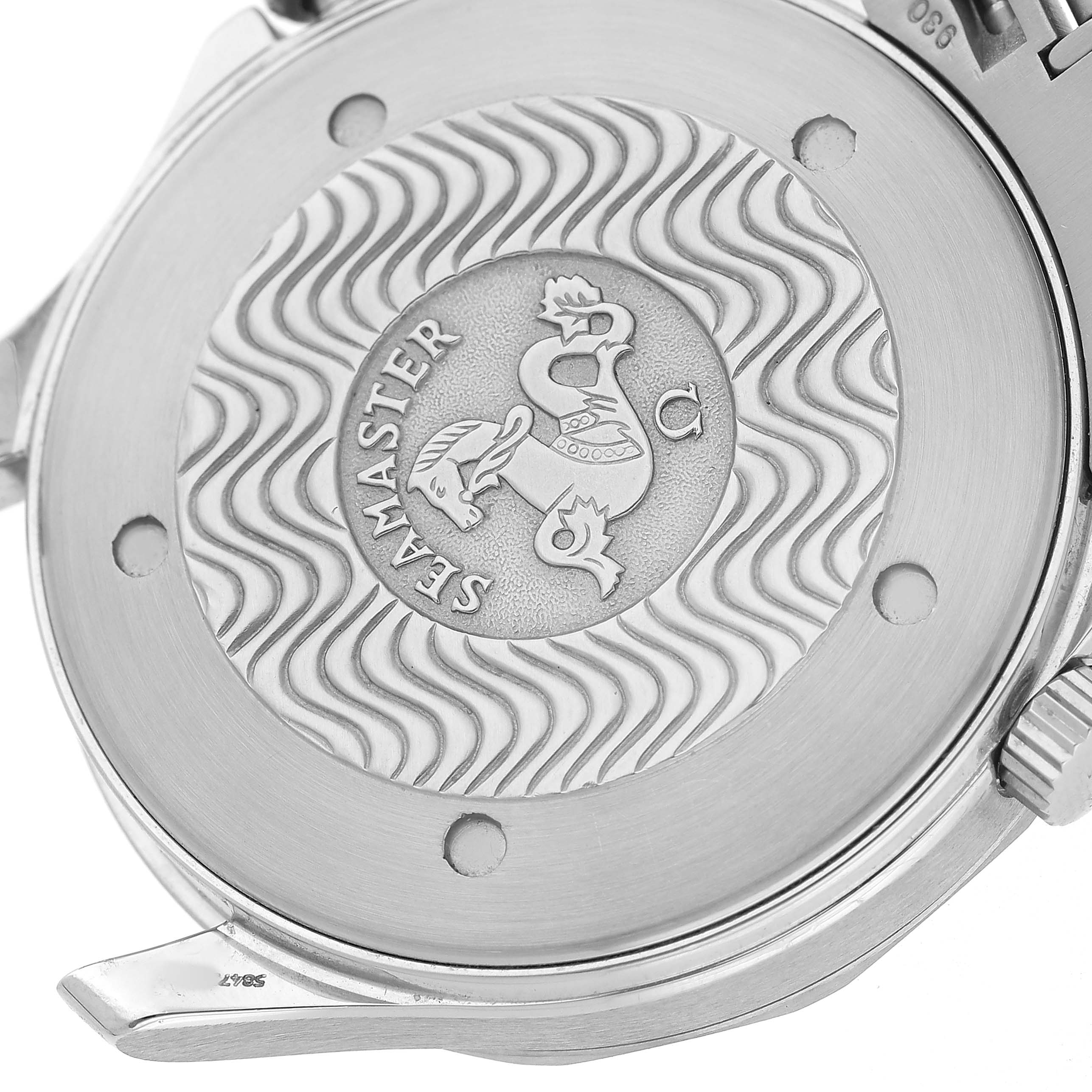 The image shows the case back of the Omega Seamaster 2264.50.00 Men's Stainless Steel Black Dial, highlighting its engraved logo and textured design.