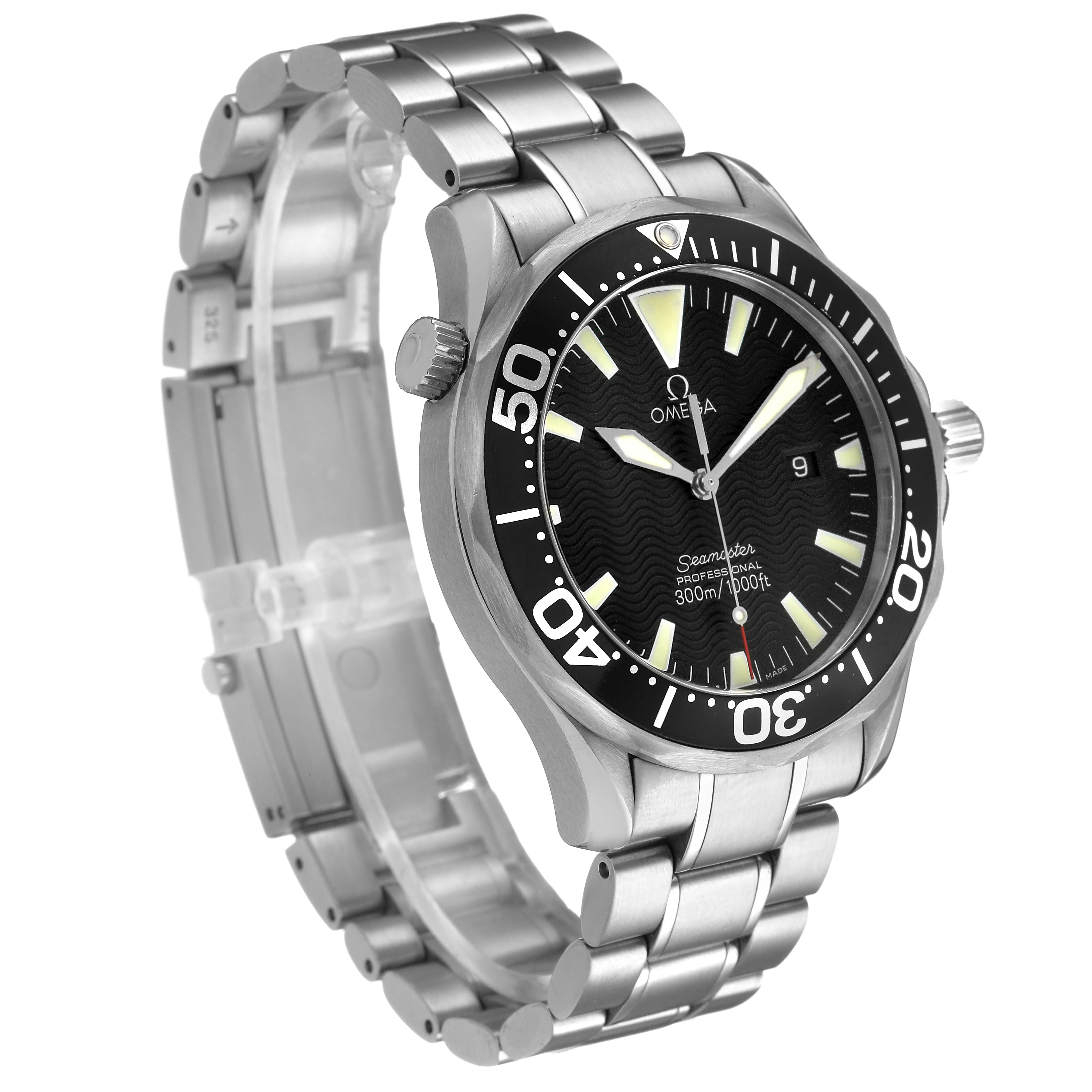 The Omega Seamaster 2264.50.00 Men's Stainless Steel Black Dial watch is shown at a three-quarter angle, highlighting the face, bezel, and metal bracelet.