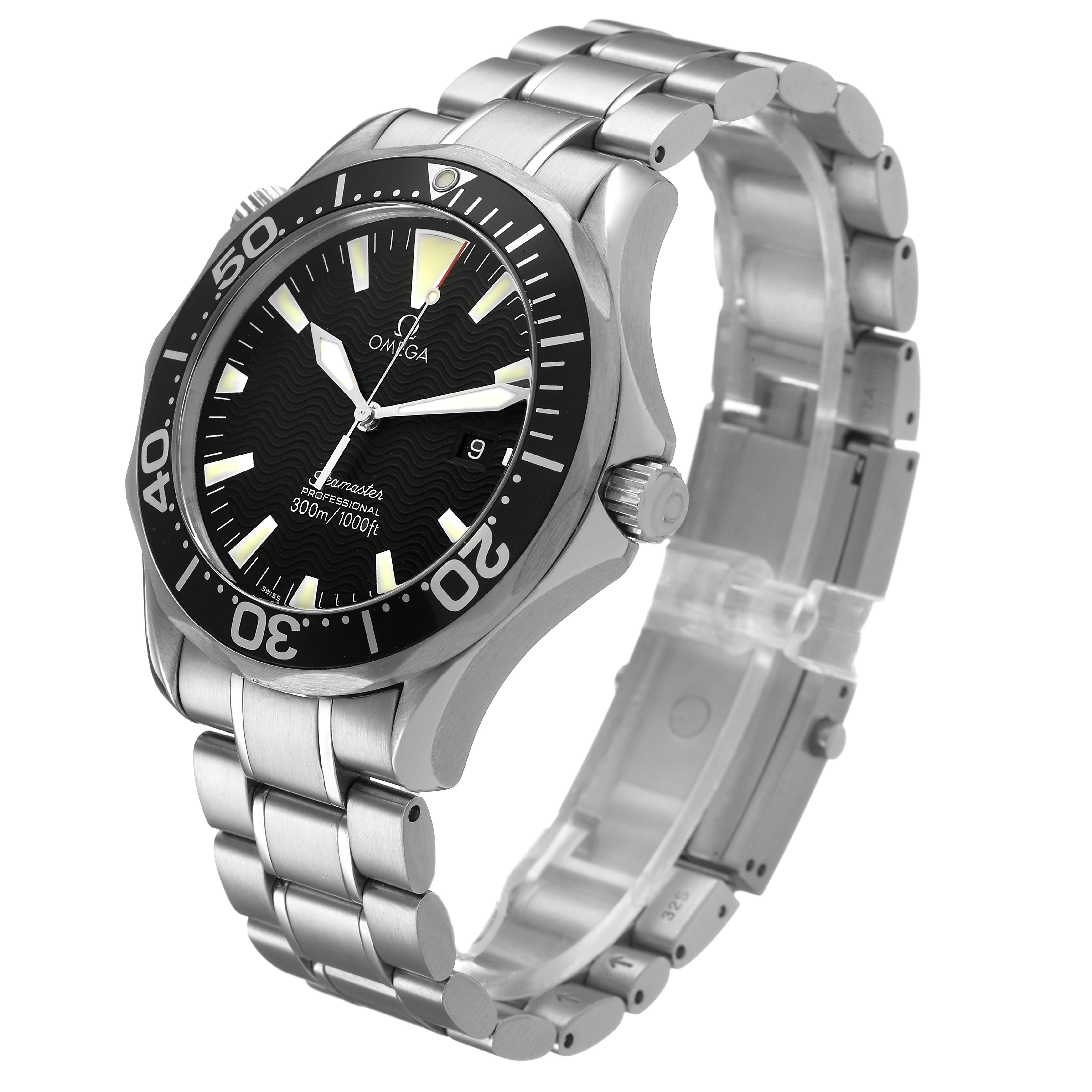 The Omega Seamaster 2264.50.00 Men's Stainless Steel Black Dial watch is shown at a three-quarter angle, highlighting its face, bezel, and stainless steel bracelet.