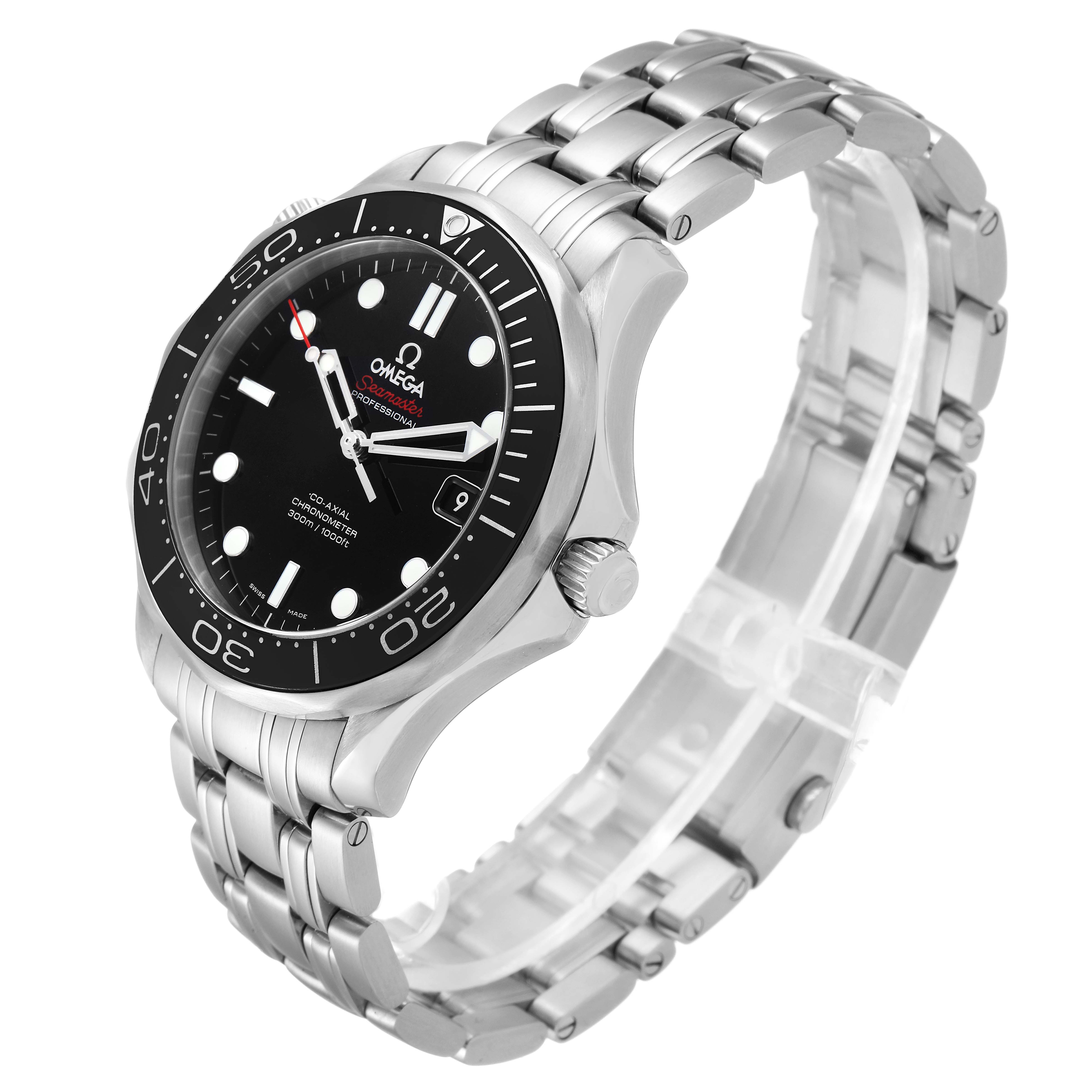 The Omega Seamaster 212.30.41.20.01.003 Men
s Stainless Steel Black Dial 212.30.41.20.01.003 Men
s Stainless Steel Black Dial watch is shown at a three-quarter angle, featuring the watch face, bezel, case, and bracelet.