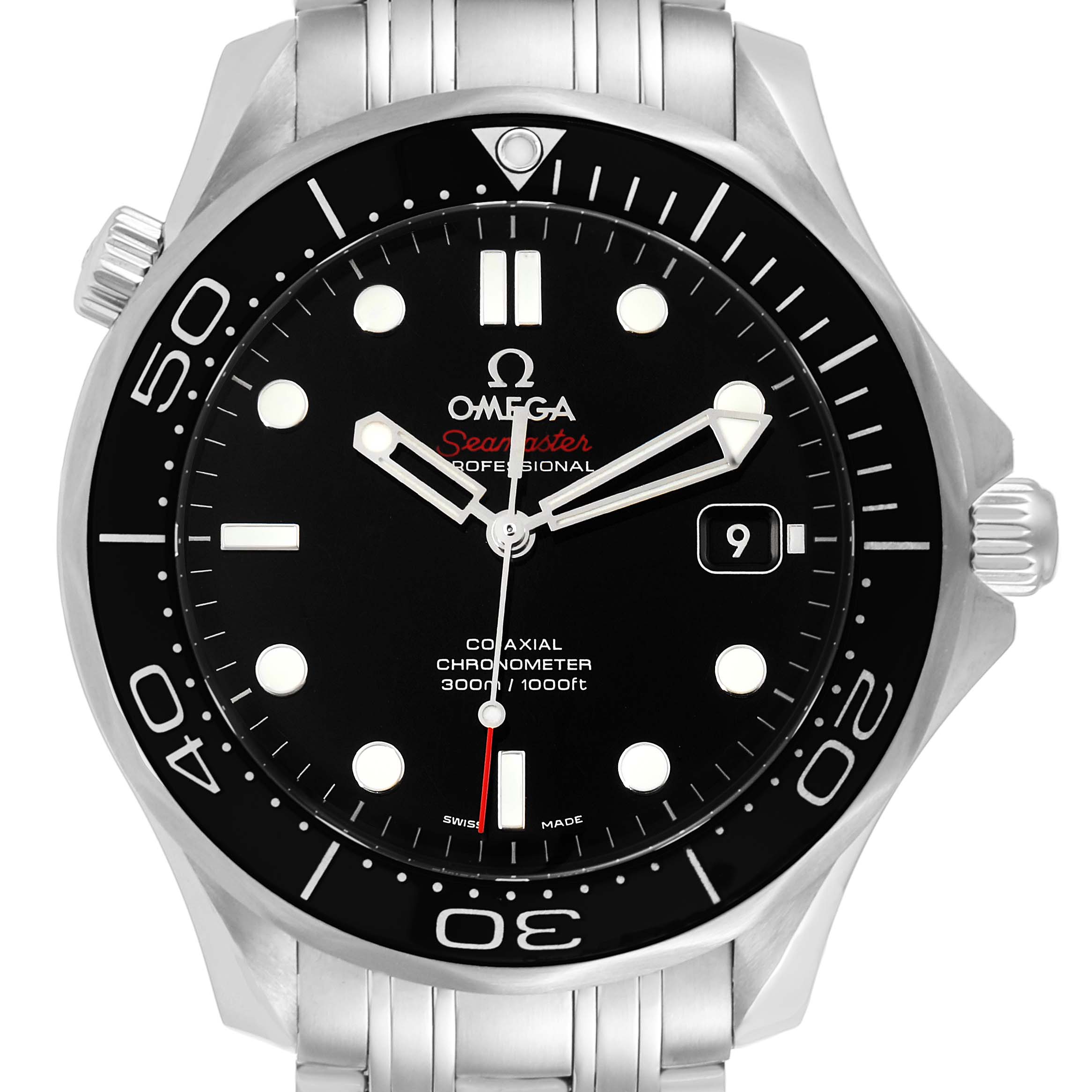 This image shows a frontal view of the Omega Seamaster 212.30.41.20.01.003 Men
s Stainless Steel Black Dial 212.30.41.20.01.003 Men
s Stainless Steel Black Dial Professional watch, highlighting the dial, bezel, crown, and bracelet.