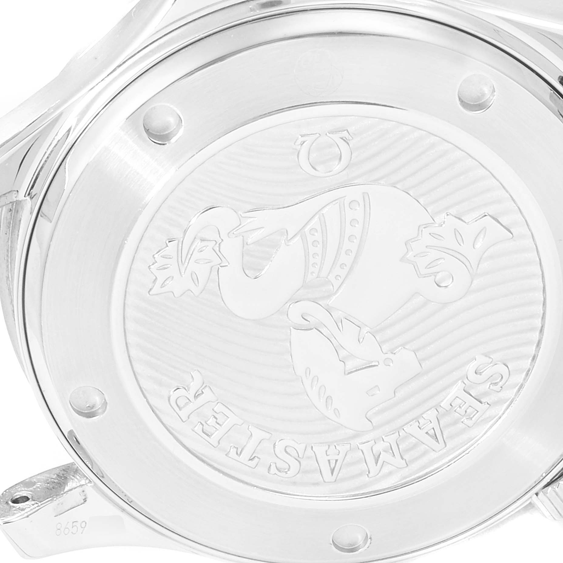 The image shows the case back of an Omega Seamaster 212.30.41.20.01.003 Men
s Stainless Steel Black Dial 212.30.41.20.01.003 Men
s Stainless Steel Black Dial watch, featuring its engraved logo and detailing.