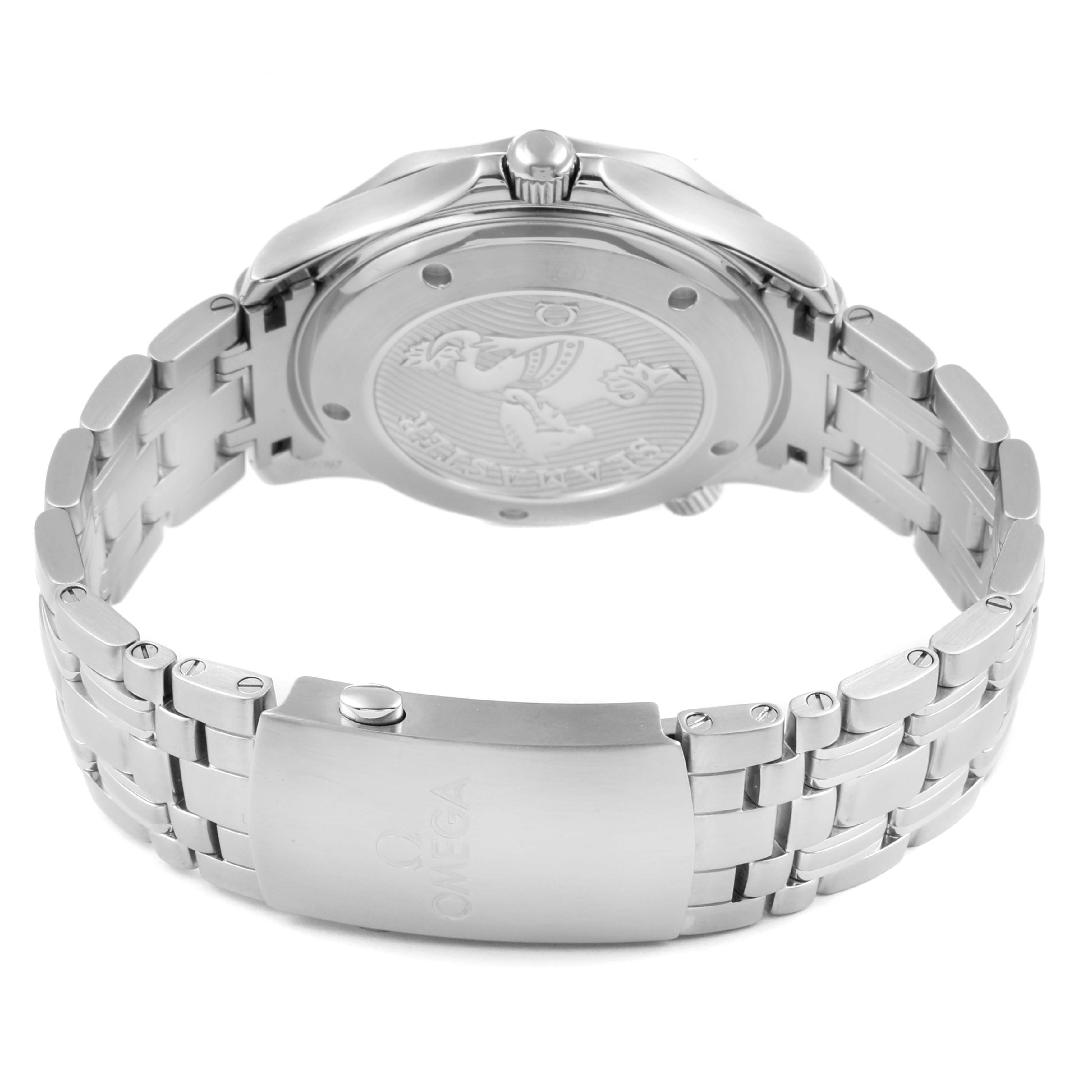 The image shows the back view of the Omega Seamaster 212.30.41.20.01.003 Men
s Stainless Steel Black Dial 212.30.41.20.01.003 Men
s Stainless Steel Black Dial watch, highlighting the case back and the metal bracelet with the Omega logo on the clasp.