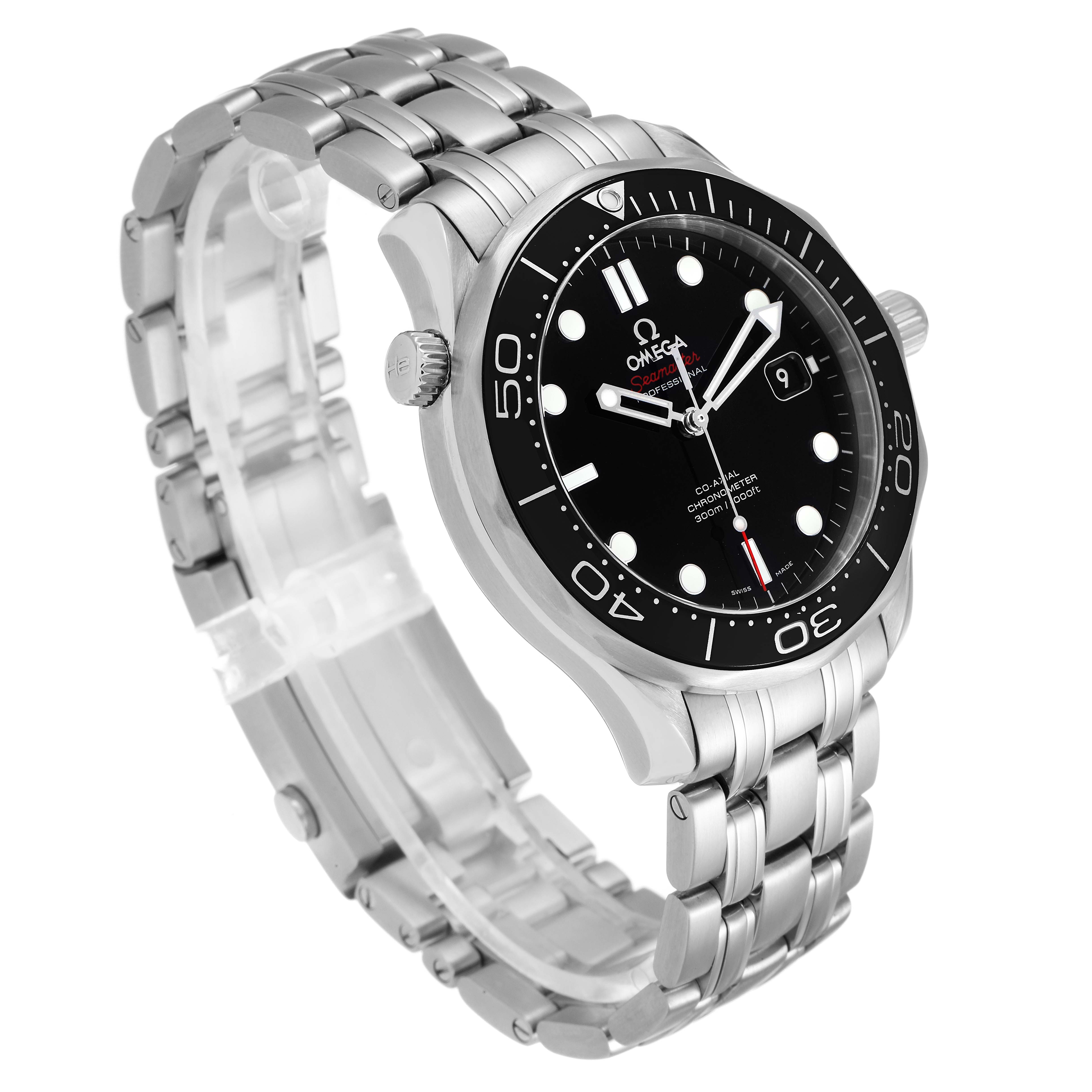The Omega Seamaster 212.30.41.20.01.003 Men
s Stainless Steel Black Dial 212.30.41.20.01.003 Men
s Stainless Steel Black Dial watch is shown at a three-quarter angle, displaying the face, bezel, case, bracelet, and crown.