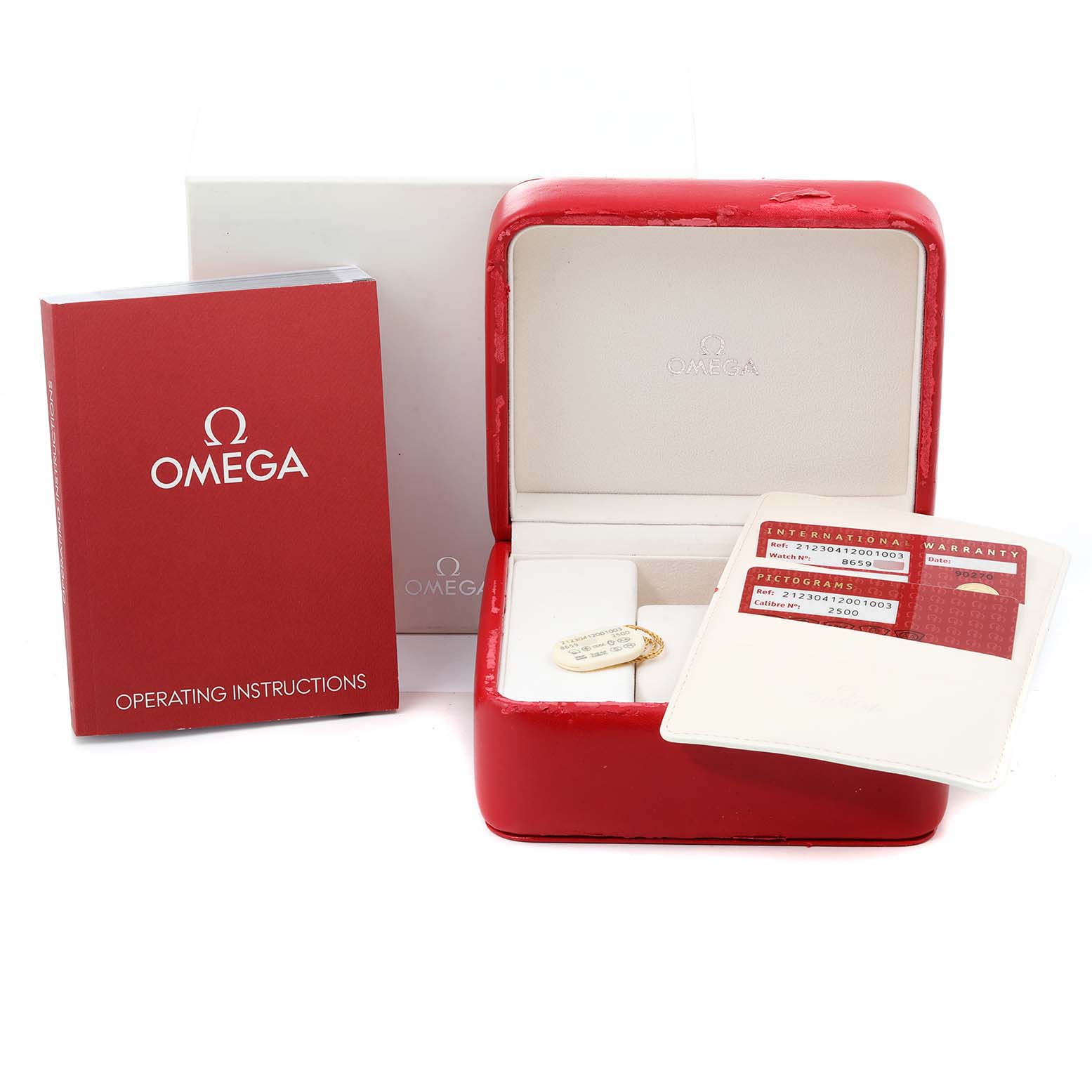 The image shows the accessories for the Omega Seamaster 212.30.41.20.01.003 Men
s Stainless Steel Black Dial 212.30.41.20.01.003 Men
s Stainless Steel Black Dial model, including the operating instructions, a red case, warranty cards, and a box.