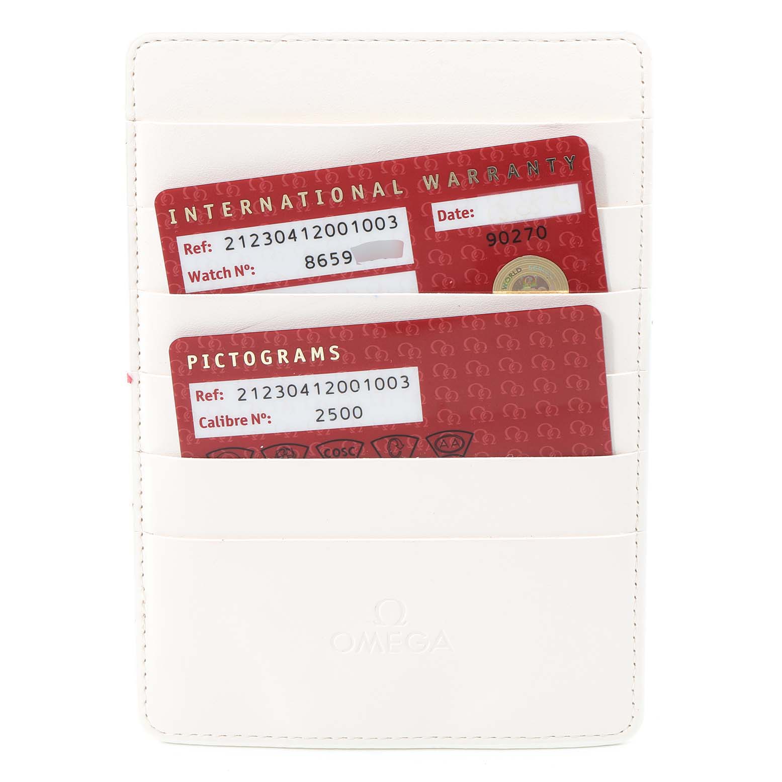 This image shows the international warranty and pictogram cards for an Omega Seamaster 212.30.41.20.01.003 Men
s Stainless Steel Black Dial 212.30.41.20.01.003 Men
s Stainless Steel Black Dial watch in a white cardholder.