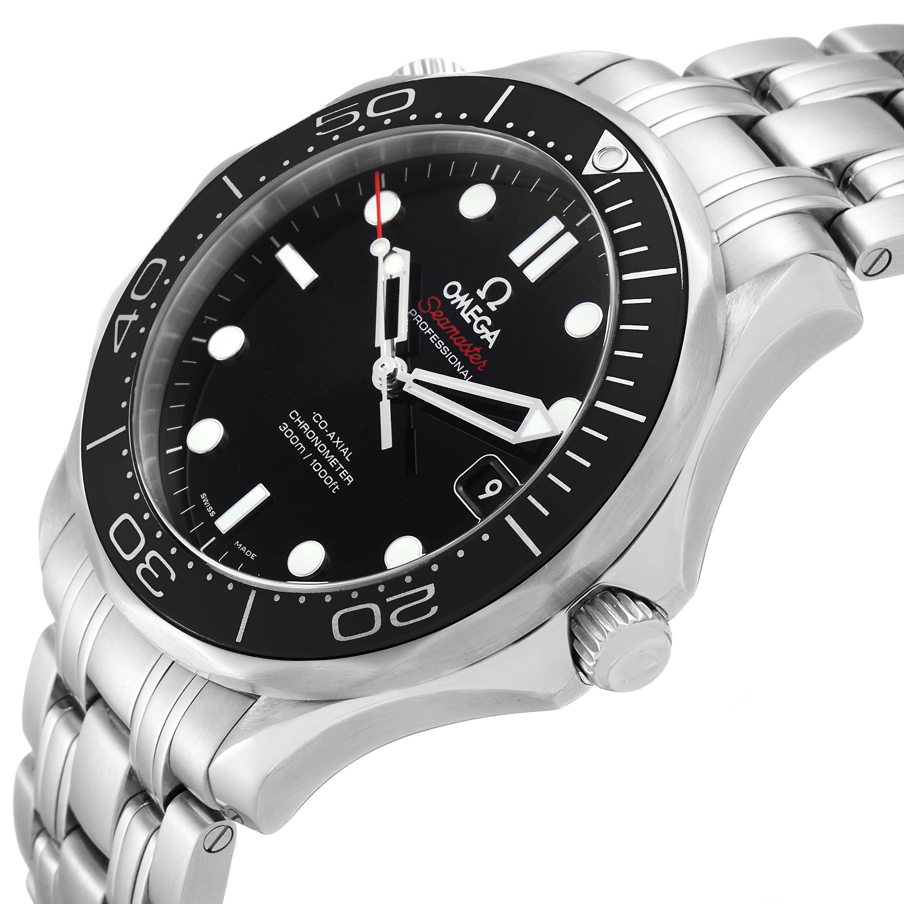 The Omega Seamaster 212.30.41.20.01.003 Men
s Stainless Steel Black Dial 212.30.41.20.01.003 Men
s Stainless Steel Black Dial watch is shown at a slight angle, displaying the bezel, dial, crown, and part of the metal bracelet.