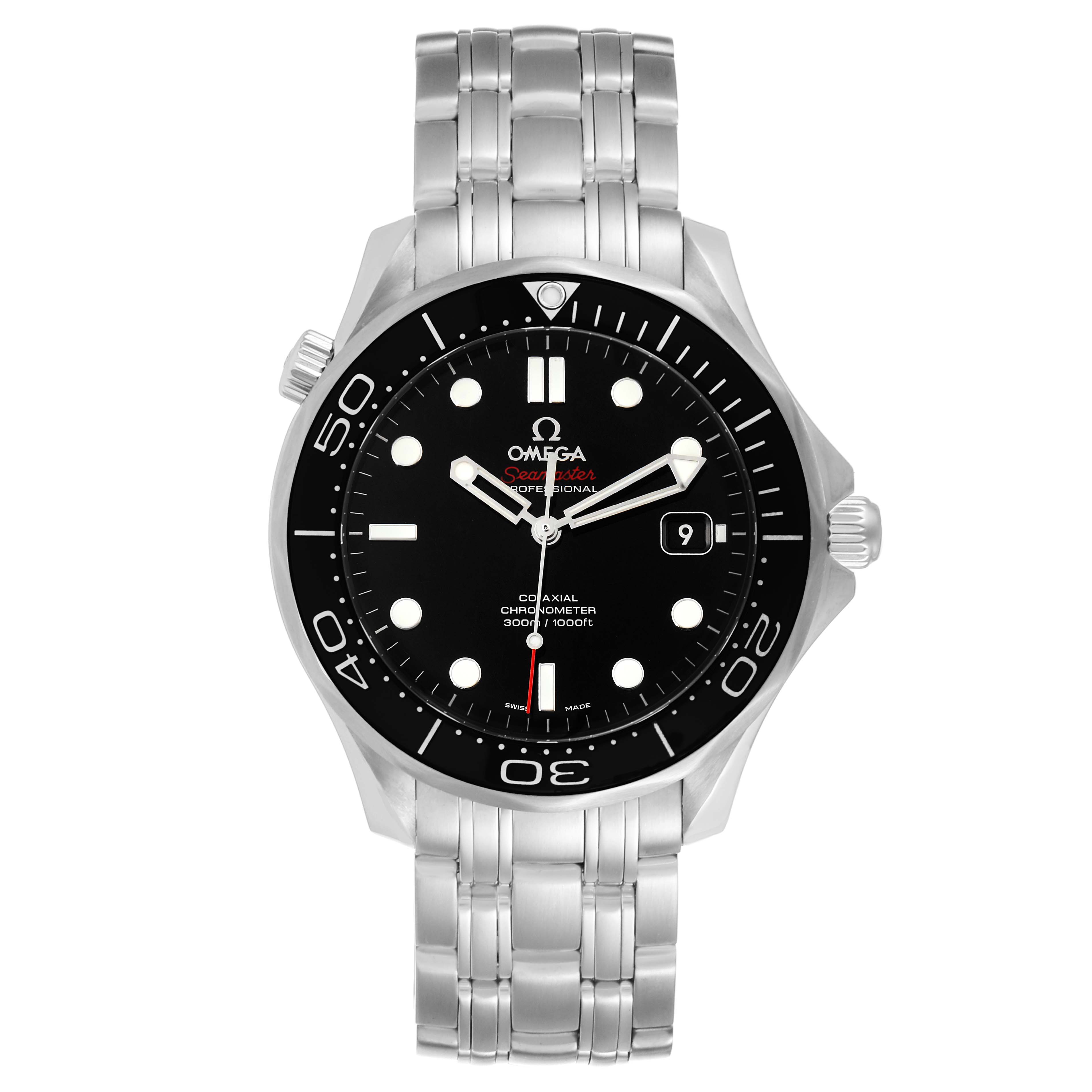 The image shows a front view of the Omega Seamaster 212.30.41.20.01.003 Men
s Stainless Steel Black Dial 212.30.41.20.01.003 Men
s Stainless Steel Black Dial watch, displaying its face, bezel, and metal bracelet.