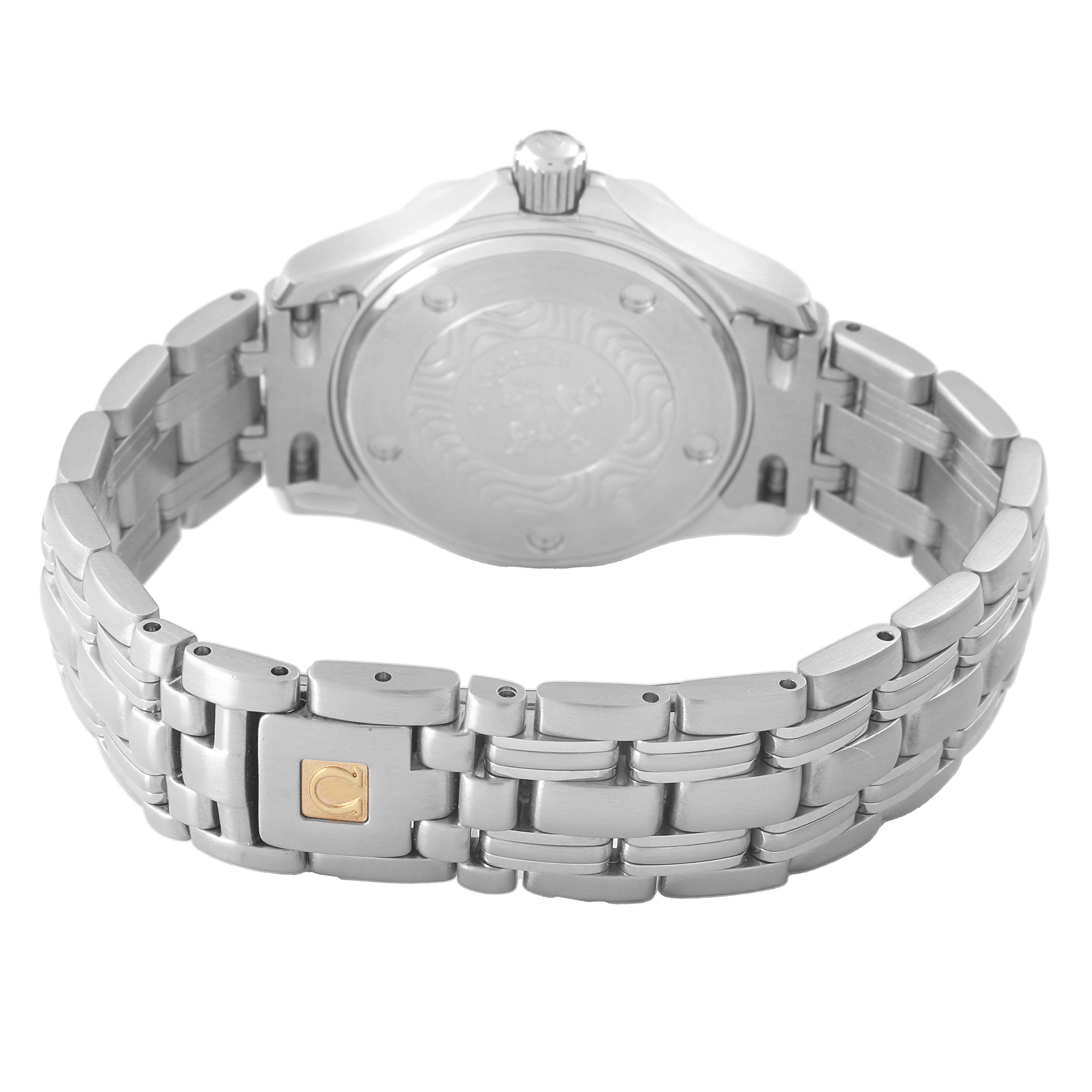 The Omega 2583.80.00 Women's Stainless Steel Blue Dial Seamaster Diver 300M 28mm model 2583.80.00 is shown from the back, highlighting the case back and bracelet.