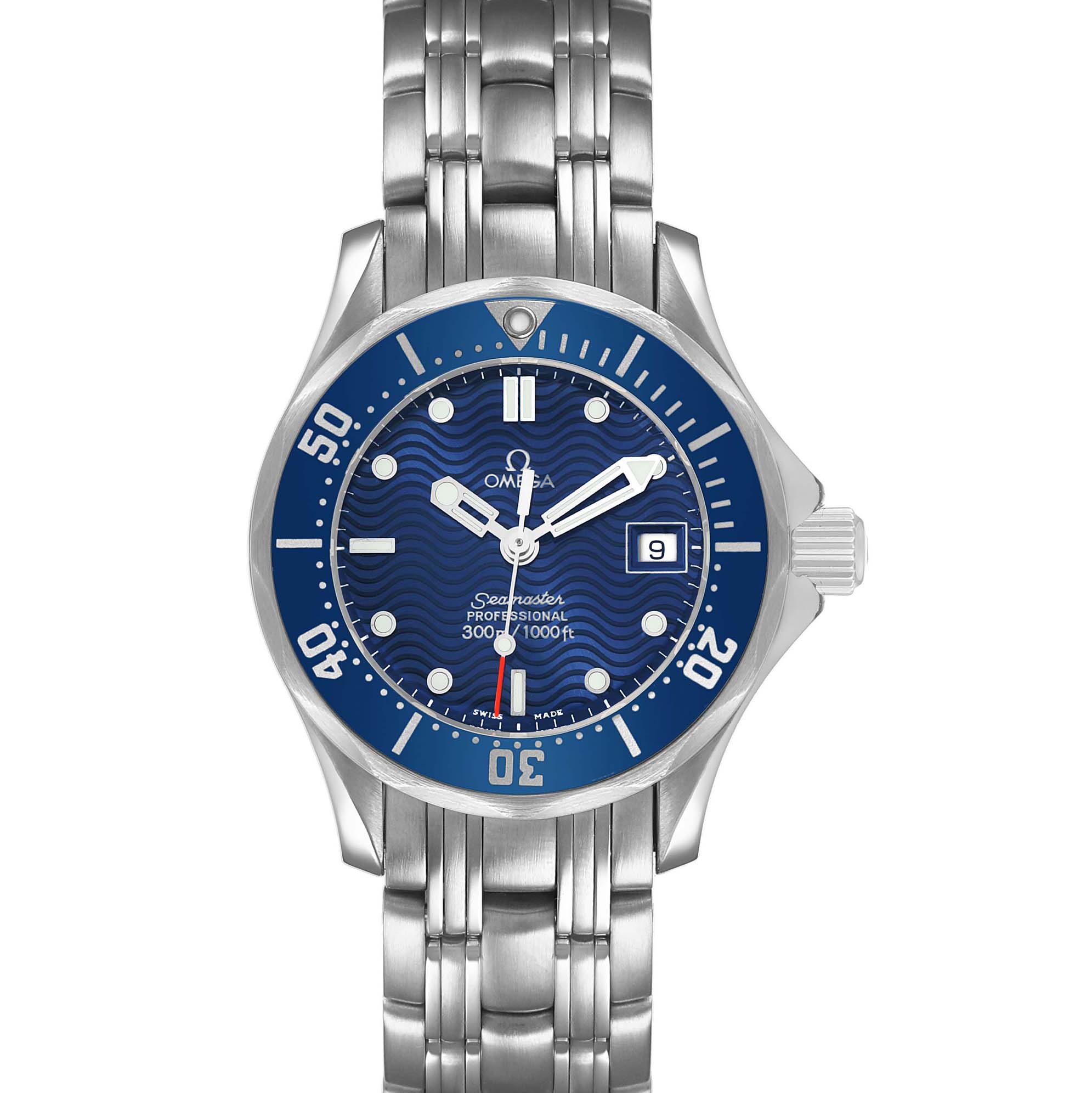 The Omega 2583.80.00 Women's Stainless Steel Blue Dial Seamaster Diver 300M watch is shown from a front view, with a focus on its blue dial, bezel, and bracelet.
