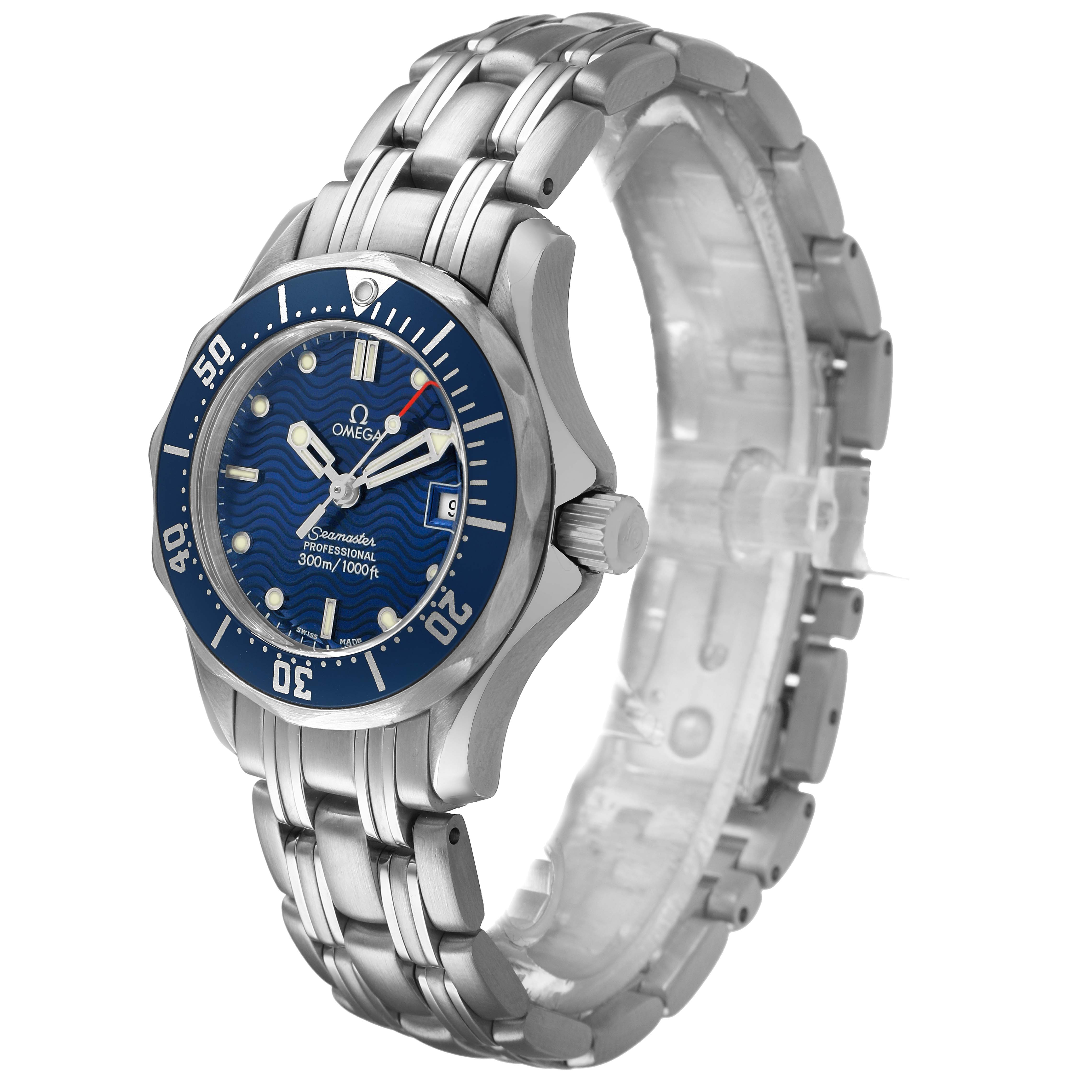 The Omega 2583.80.00 Women's Stainless Steel Blue Dial Seamaster Diver 300M 28mm Blue Dial is shown at an angled side view, highlighting the bracelet and dial.
