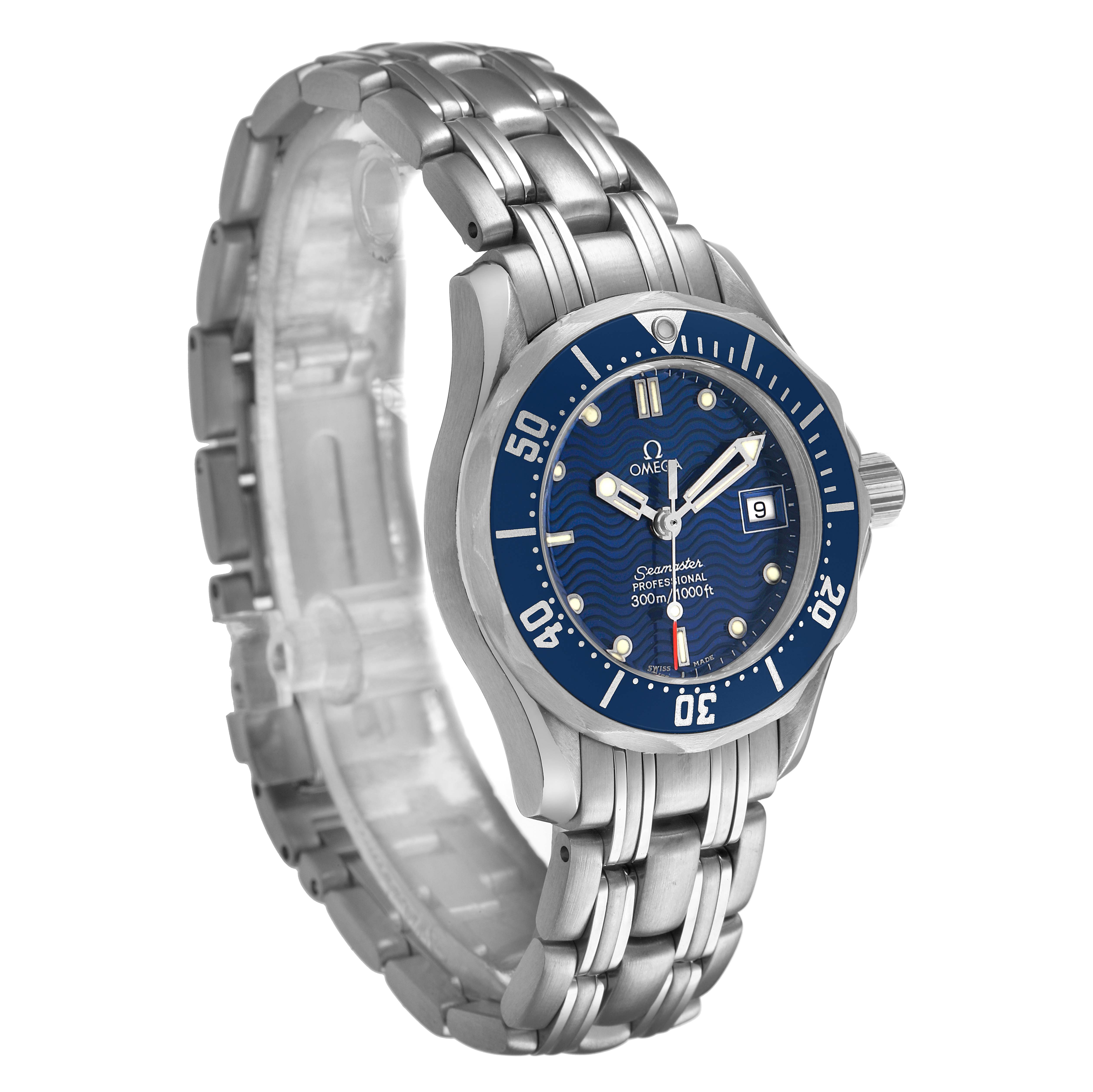The Omega 2583.80.00 Women's Stainless Steel Blue Dial Seamaster Diver 300M 28mm Blue Dial Steel Ladies Watch is shown from a three-quarter angle, highlighting the blue dial, bezel, and bracelet.