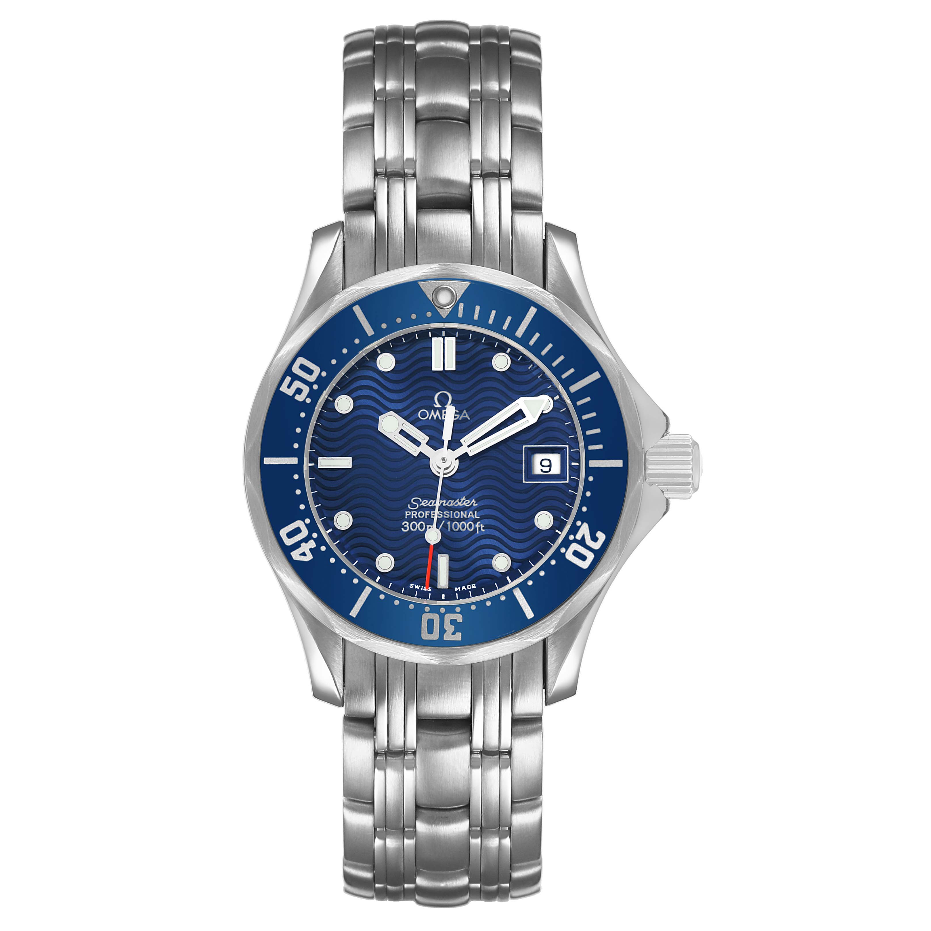 The Omega 2583.80.00 Women's Stainless Steel Blue Dial Seamaster Diver 300M 28mm is shown from a front view, displaying its blue dial, bezel, bracelet, and date feature.