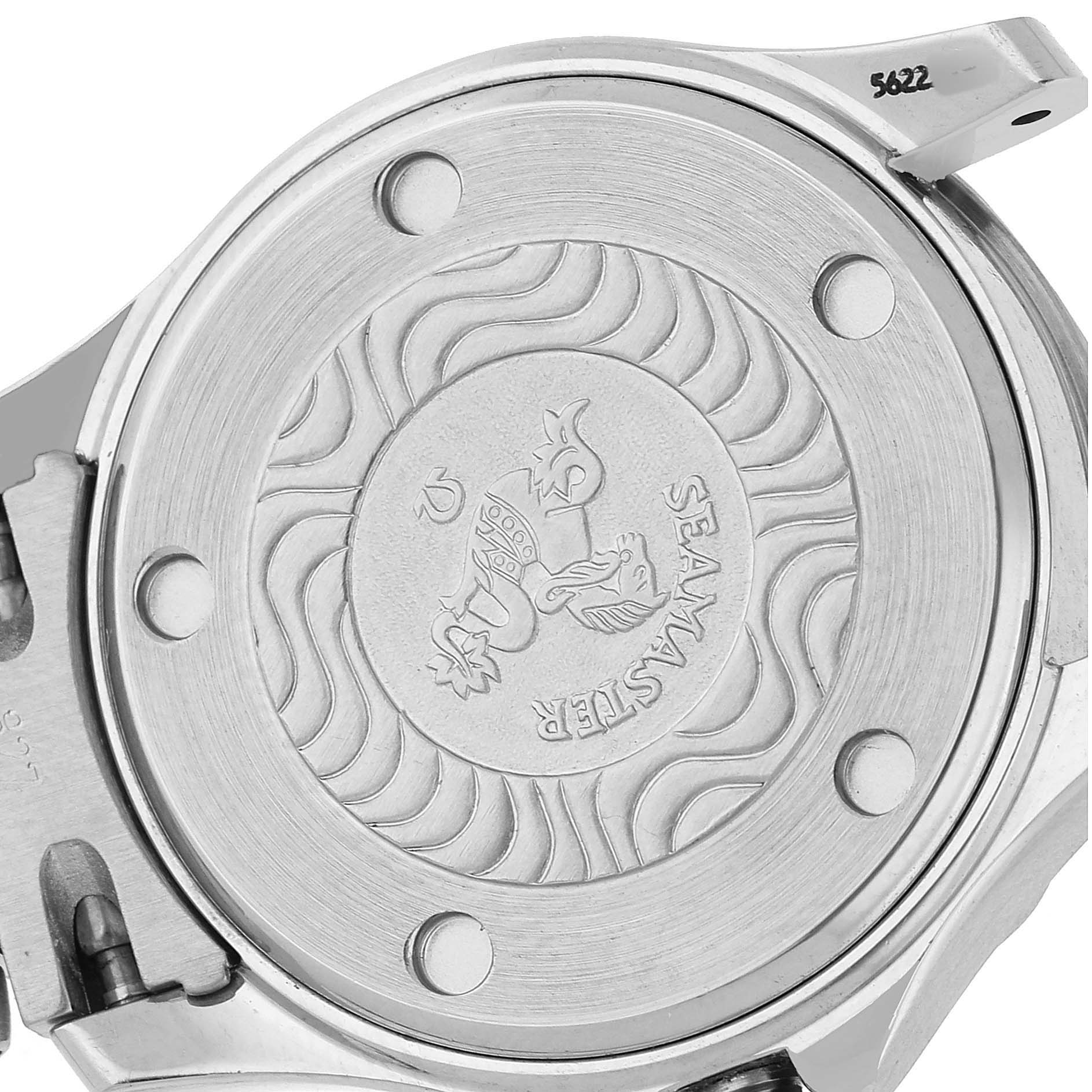 The image shows the case back of the Omega 2583.80.00 Women's Stainless Steel Blue Dial Seamaster Diver 300M, highlighting its engraved design.