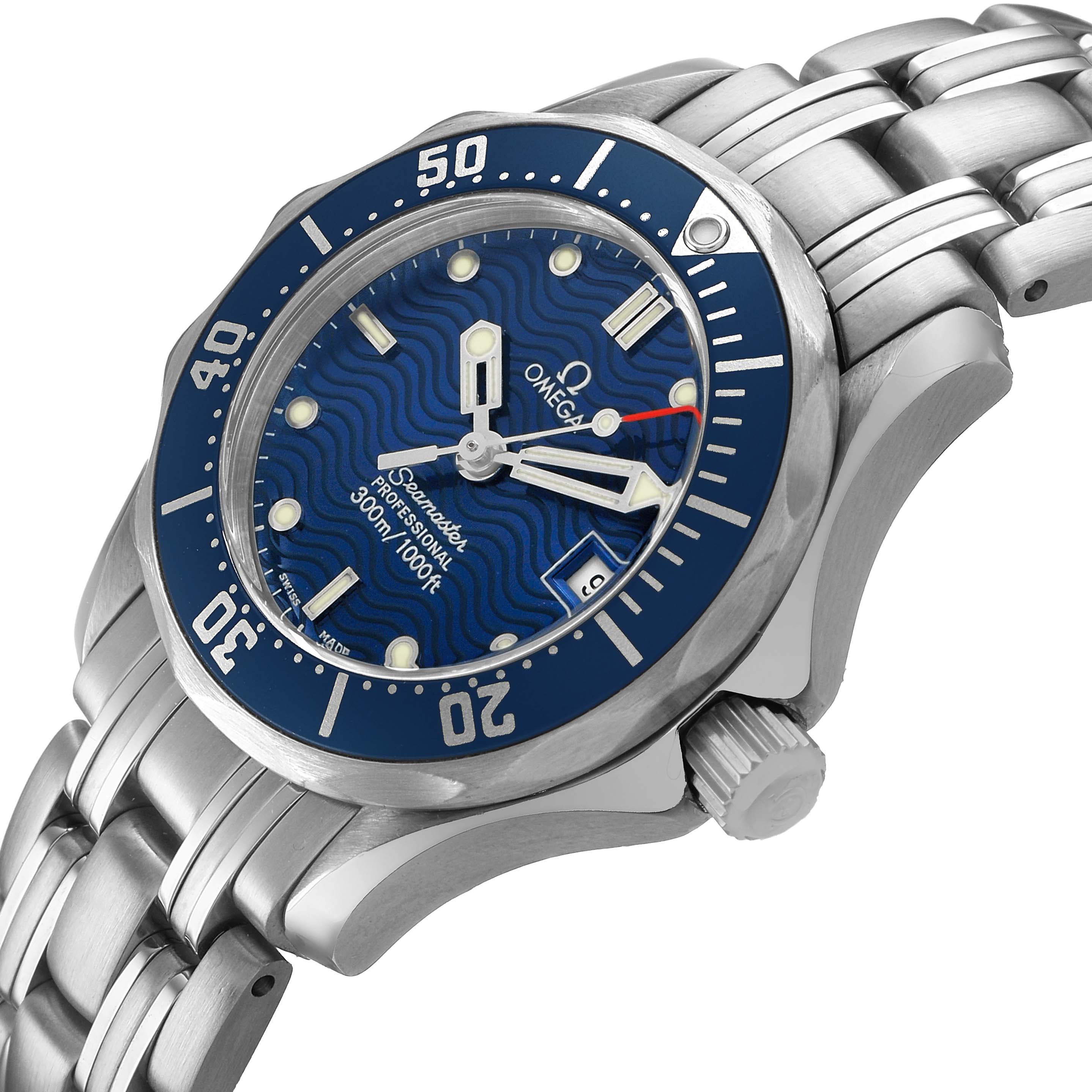 The Omega 2583.80.00 Women's Stainless Steel Blue Dial Seamaster Diver 300M model is shown at an angle highlighting the blue dial, bezel, crown, and part of the bracelet.