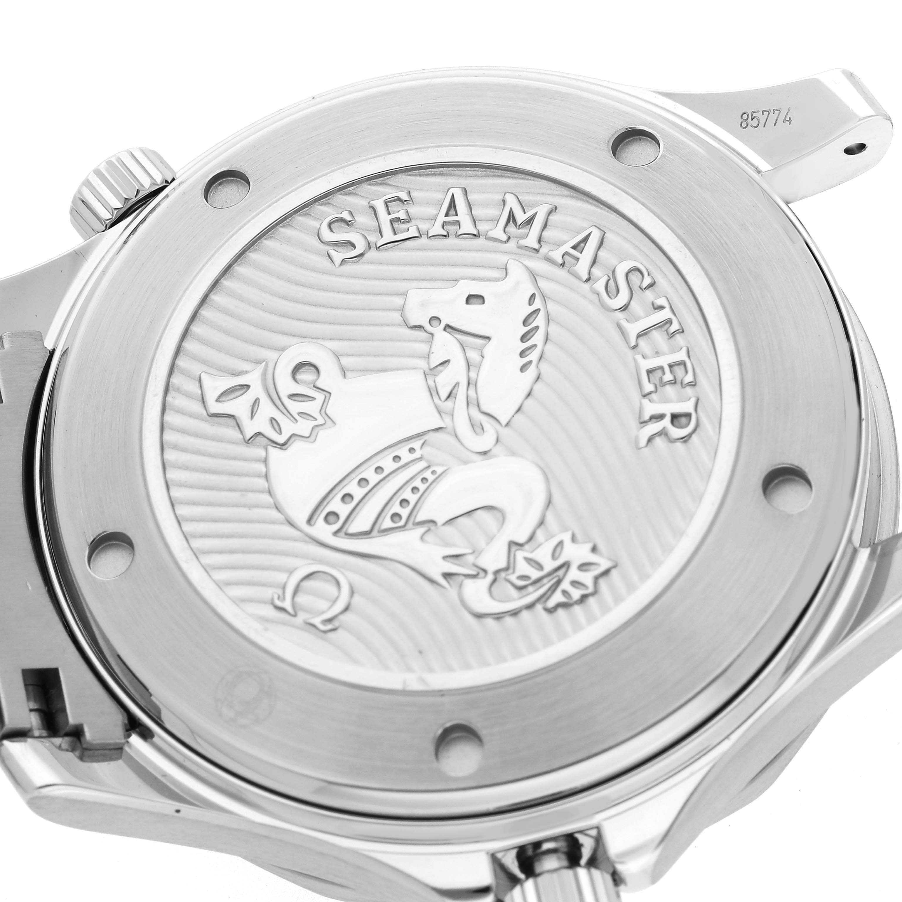 The image shows the back case of the Omega Seamaster 212.30.41.20.01.003 Men
s Stainless Steel Black Dial 212.30.41.20.01.003 Men
s Stainless Steel Black Dial watch, featuring the embossed logo and decorative design.