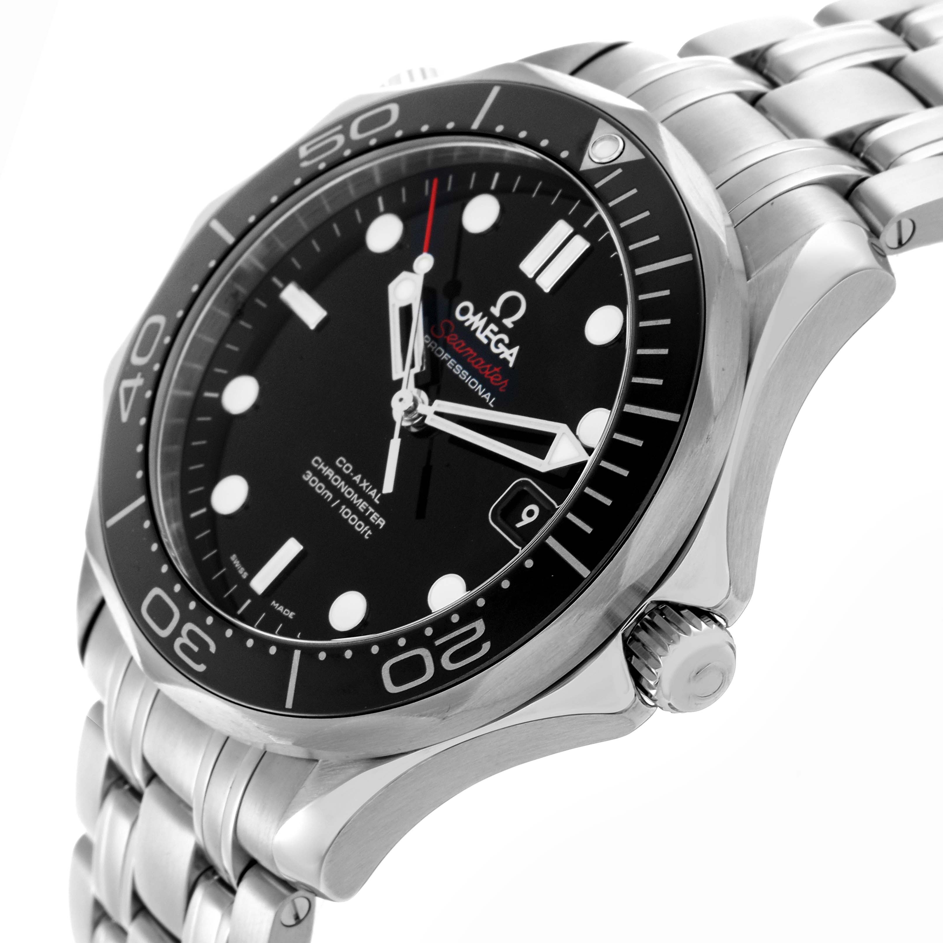 The Omega Seamaster 212.30.41.20.01.003 Men
s Stainless Steel Black Dial 212.30.41.20.01.003 Men
s Stainless Steel Black Dial watch is shown at an angle highlighting the dial, bezel, crown, and bracelet.